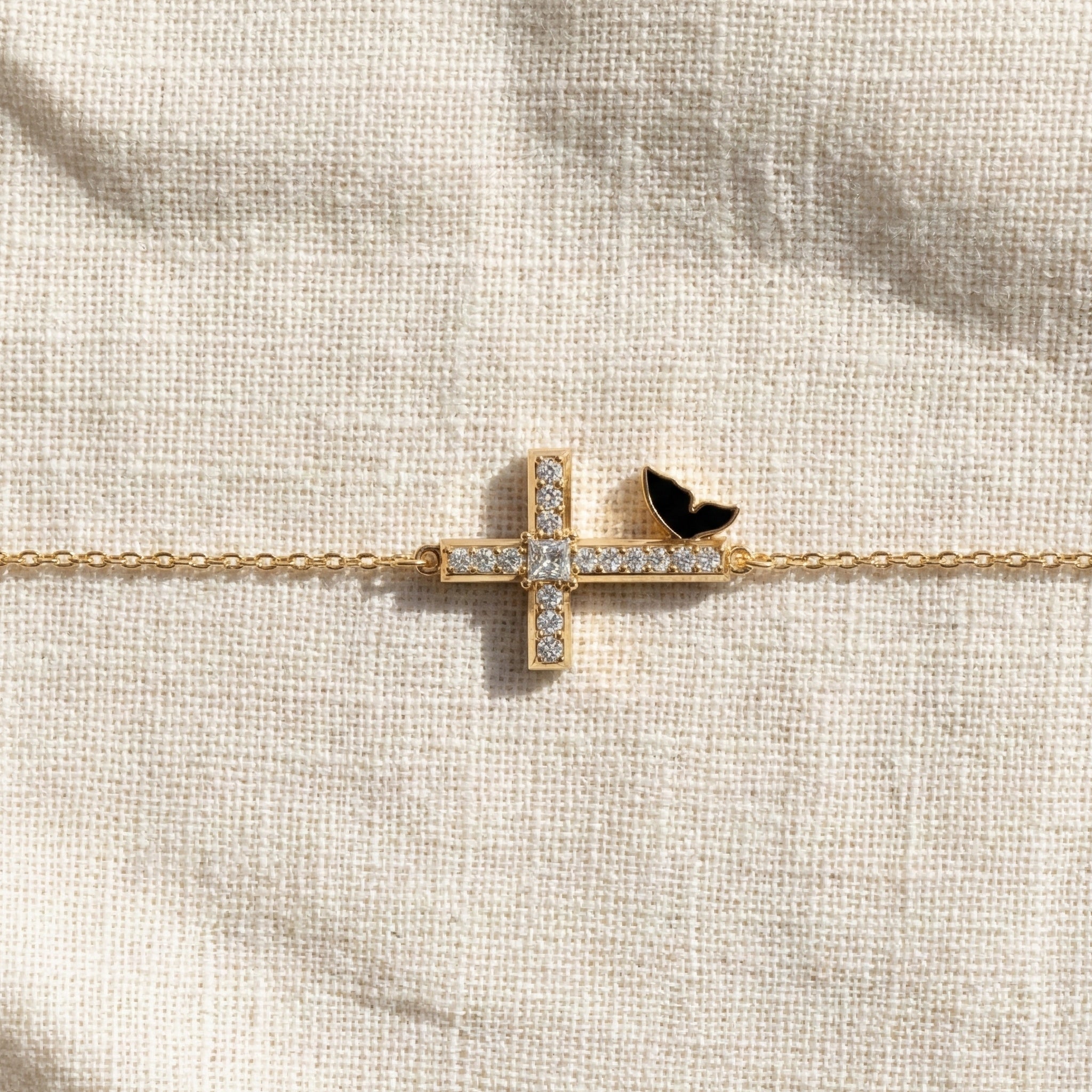 Butterfly Cross Station Bracelet in 14K Solid Gold, 0.18 CT Princess Cut Lab Created Diamond, Dainty Bracelet, Gift for Her