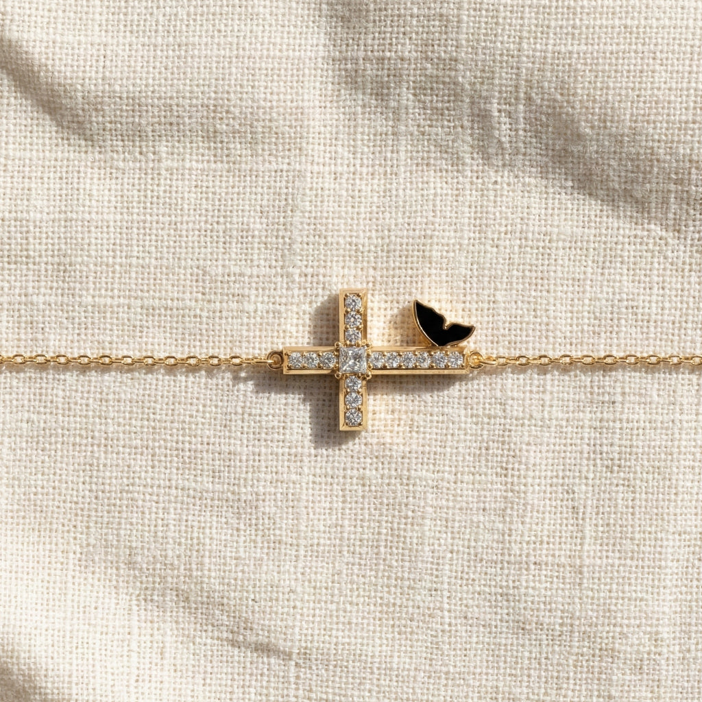 Butterfly Cross Station Bracelet in 14K Solid Gold, 0.18 CT Princess Cut Lab Created Diamond, Dainty Bracelet, Gift for Her