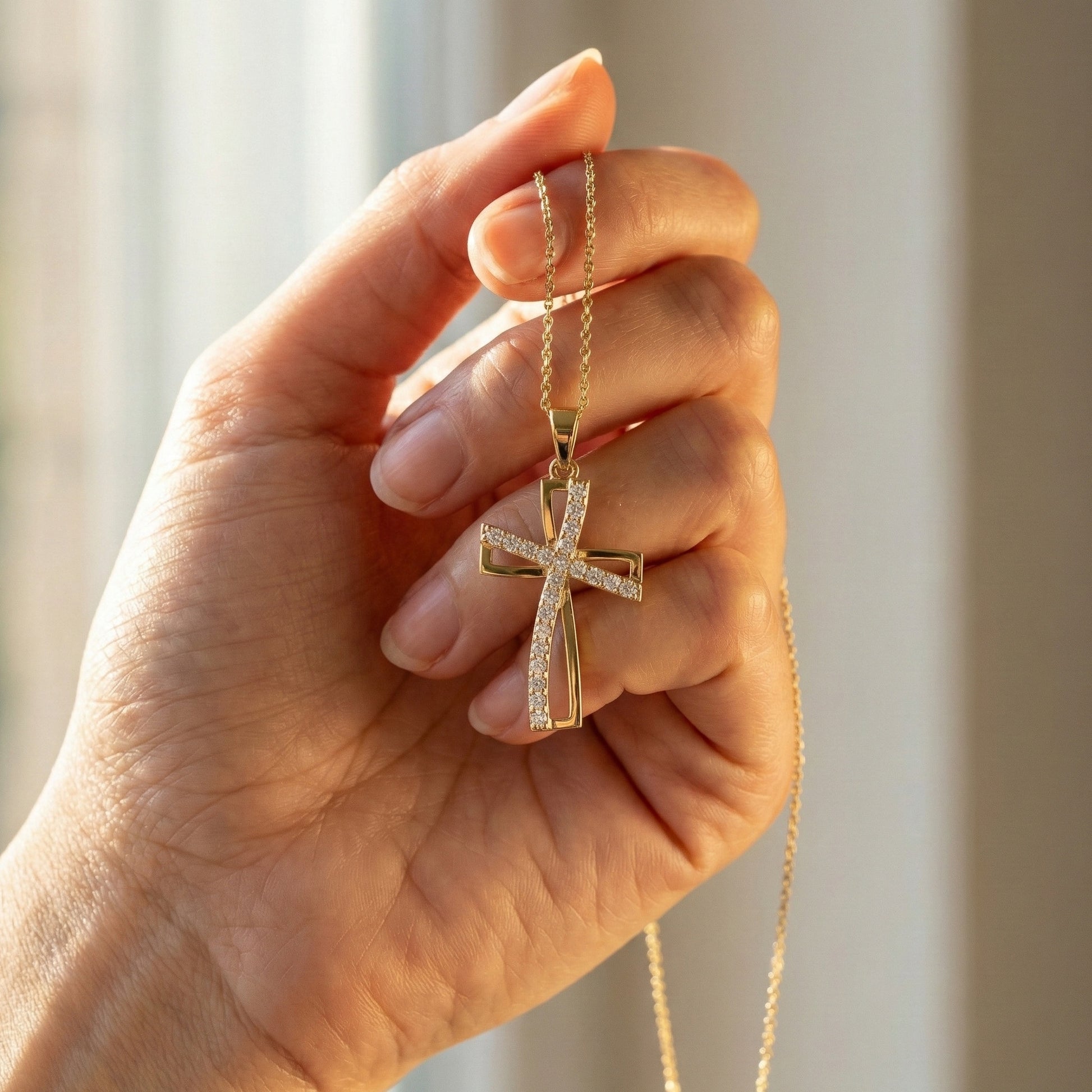 Contemporary Open Cross Pendant in 14k Solid Gold, 0.22 TCW Round Cut Lab Grown Diamonds, Bridal Jewelry, Wedding Gift For Wife