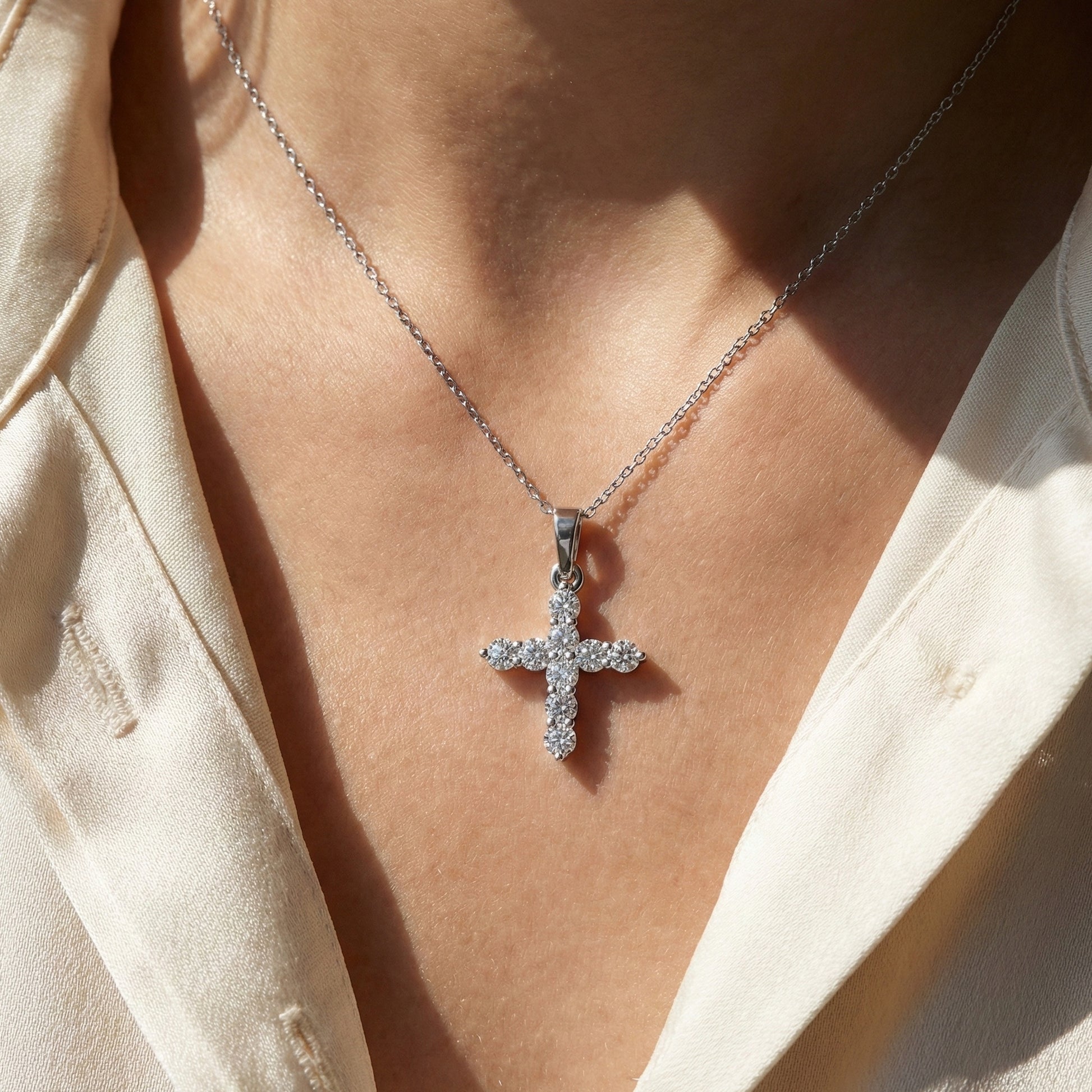 Sparkling Cross Cluster Pendant in 14K Solid Gold, 0.23 TCW Round Cut Lab Diamonds, Religious Gift for Her, Bridal Jewelry