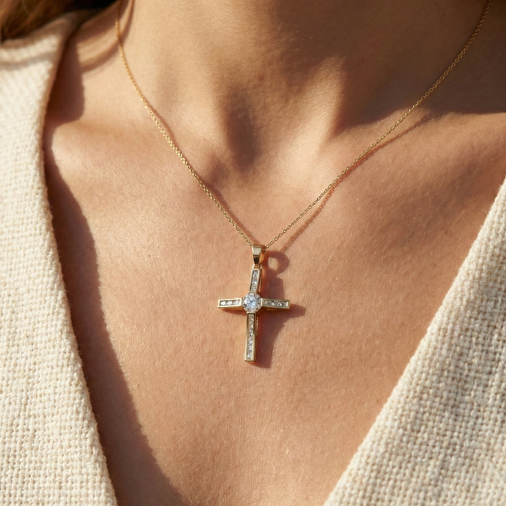 Baguette Channel Set Cross Religious Pendant in 14K Solid Gold, 0.76 TCW Baguette/Round Cut Lab Diamonds, Bridal Jewelry, Everyday Wear Pendant