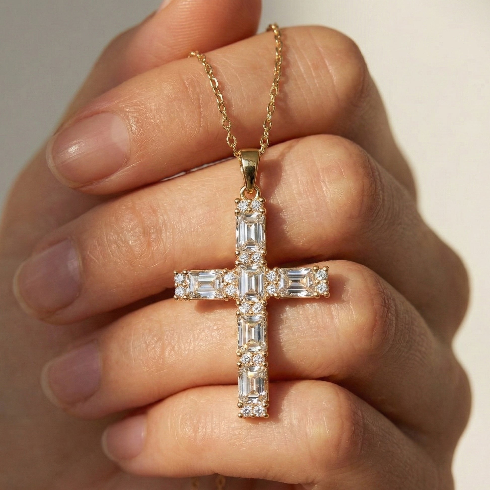 Faith Symbol Radiant Halo Cross Pendant in 14k Solid Gold, 2.18 TCW Radiant/Round Cut Lab Diamonds, Jesus Cross Gift for Women