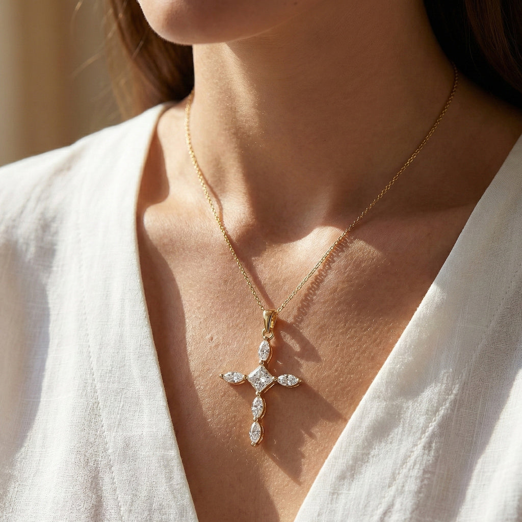 Ornate Cross Pendant in 14k Solid Gold, 1.00 TCW Princess/Marquise Cut Lab Diamonds, Gift for Mom, Confirmation Jewelry