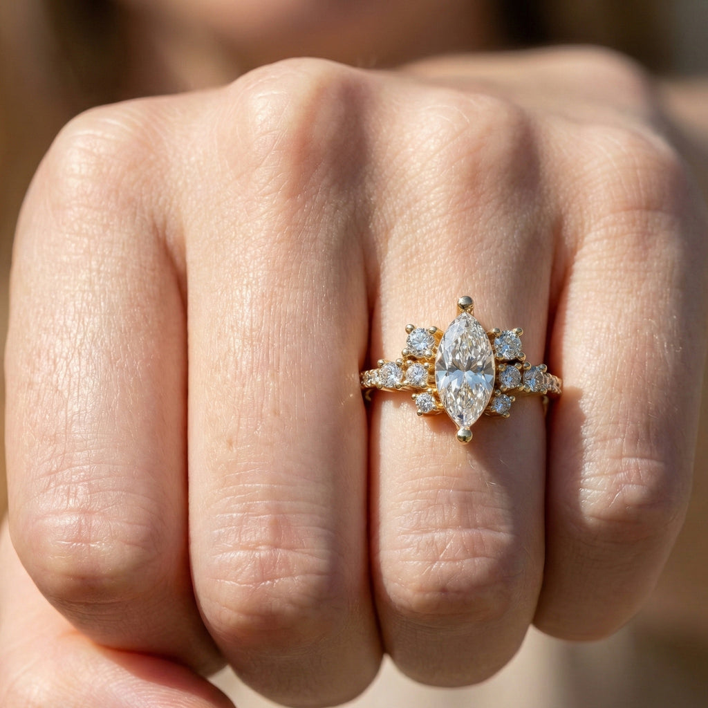 Marquise Cluster Halo Pave Engagement Ring in 14K Yellow Gold, 0.74 TCW Marquise/Round Cut Lab Created Diamonds, Handmade Jewelry, Anniversary Gift