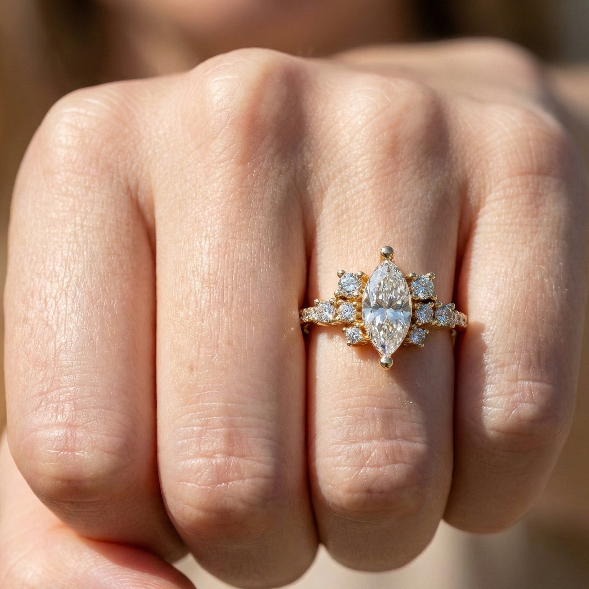 Marquise Cluster Halo Pave Engagement Ring in 14K Yellow Gold, 0.74 TCW Marquise/Round Cut Lab Created Diamonds, Handmade Jewelry, Anniversary Gift