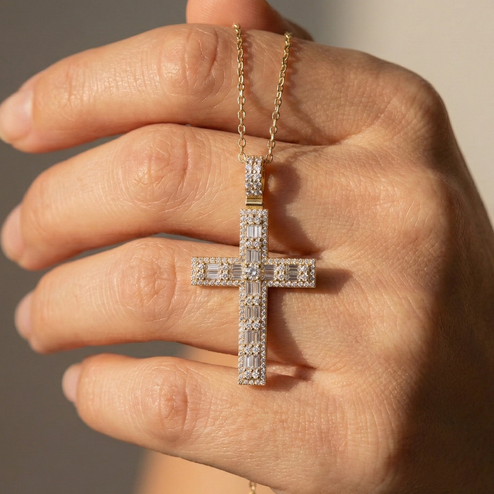 Sculpted Baguette Halo Cross Pendant in 14K Solid Gold, 2.17 TCW Baguette/Round Cut Lab Diamond, Faith Jewelry, Religious Gift For Her, Jesus Cross Pendant