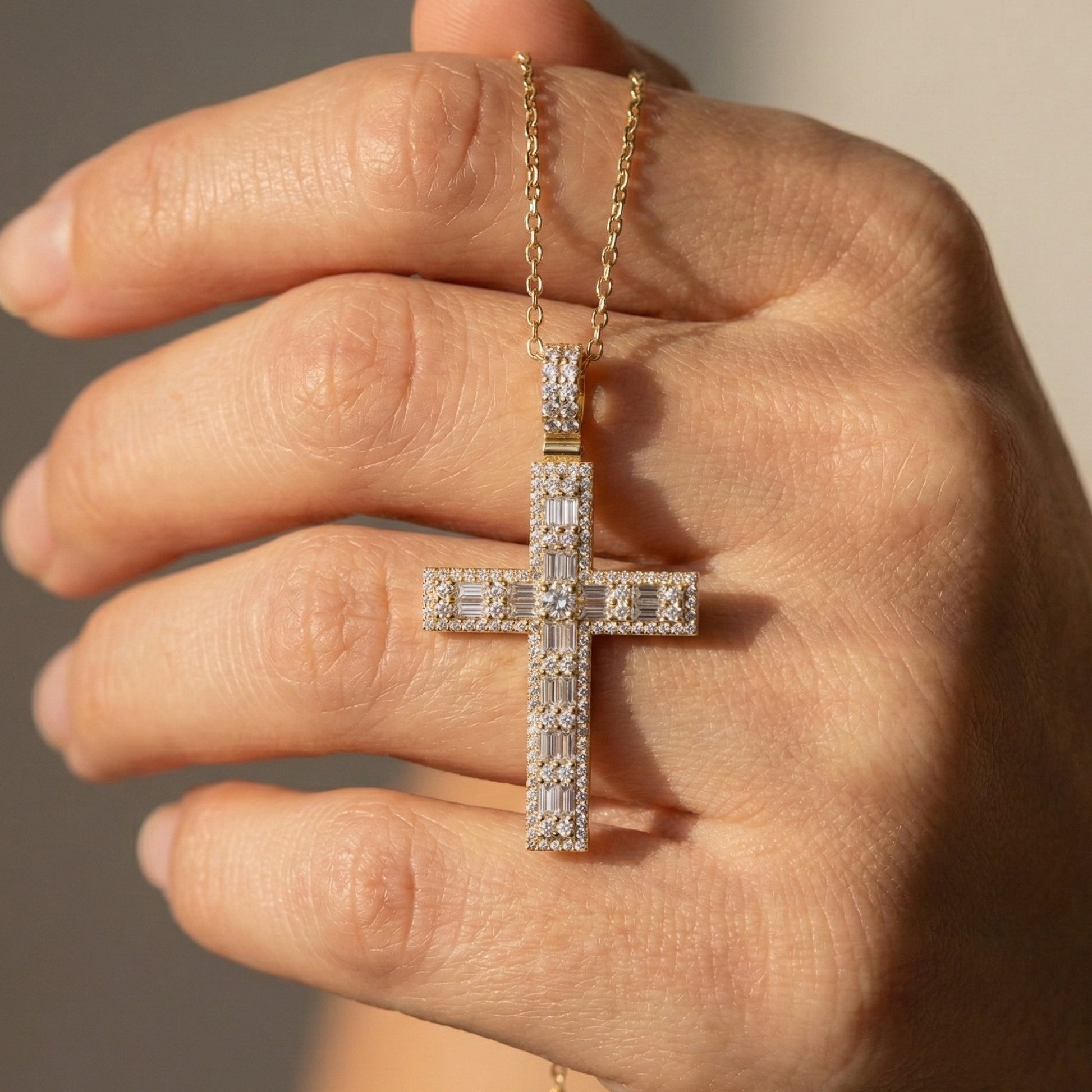 Sculpted Baguette Halo Cross Pendant in 14K Solid Gold, 2.17 TCW Baguette/Round Cut Lab Diamond, Faith Jewelry, Religious Gift For Her, Jesus Cross Pendant