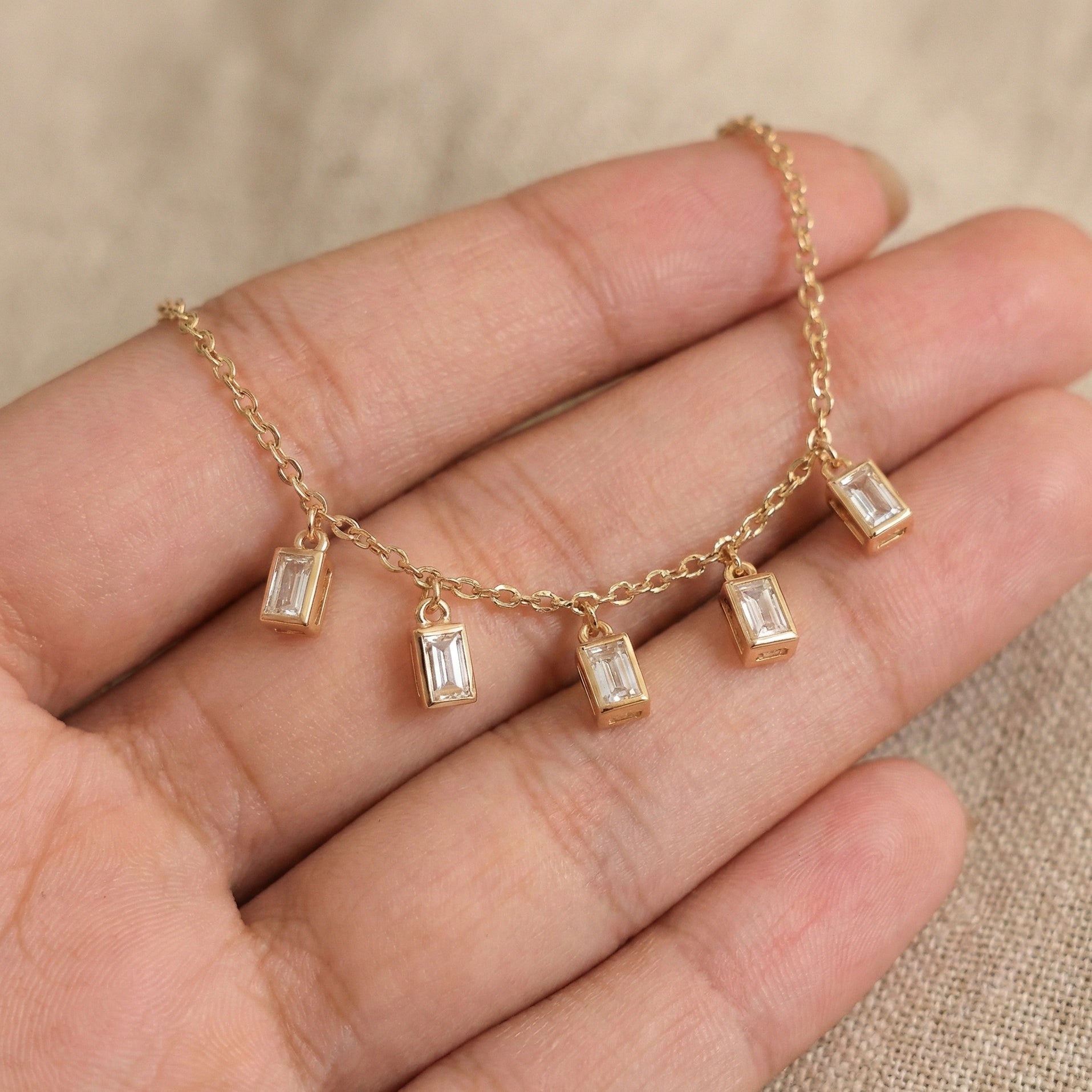 Modern Baguette Drop Charm Bracelet in 14k Solid Gold, 0.7 TCW Baguette Cut Lab Created Diamonds, Gift for Her, Bridal Jewelry