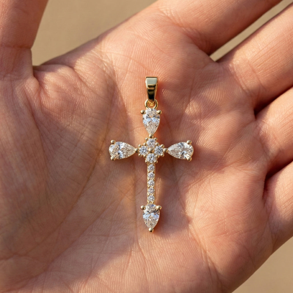 Classic Pear Cluster Cross Pendant in 14k Solid Gold, 0.75 TCW Pear/Round Cut Lab Grown Diamonds, Faith, Bridal Gift