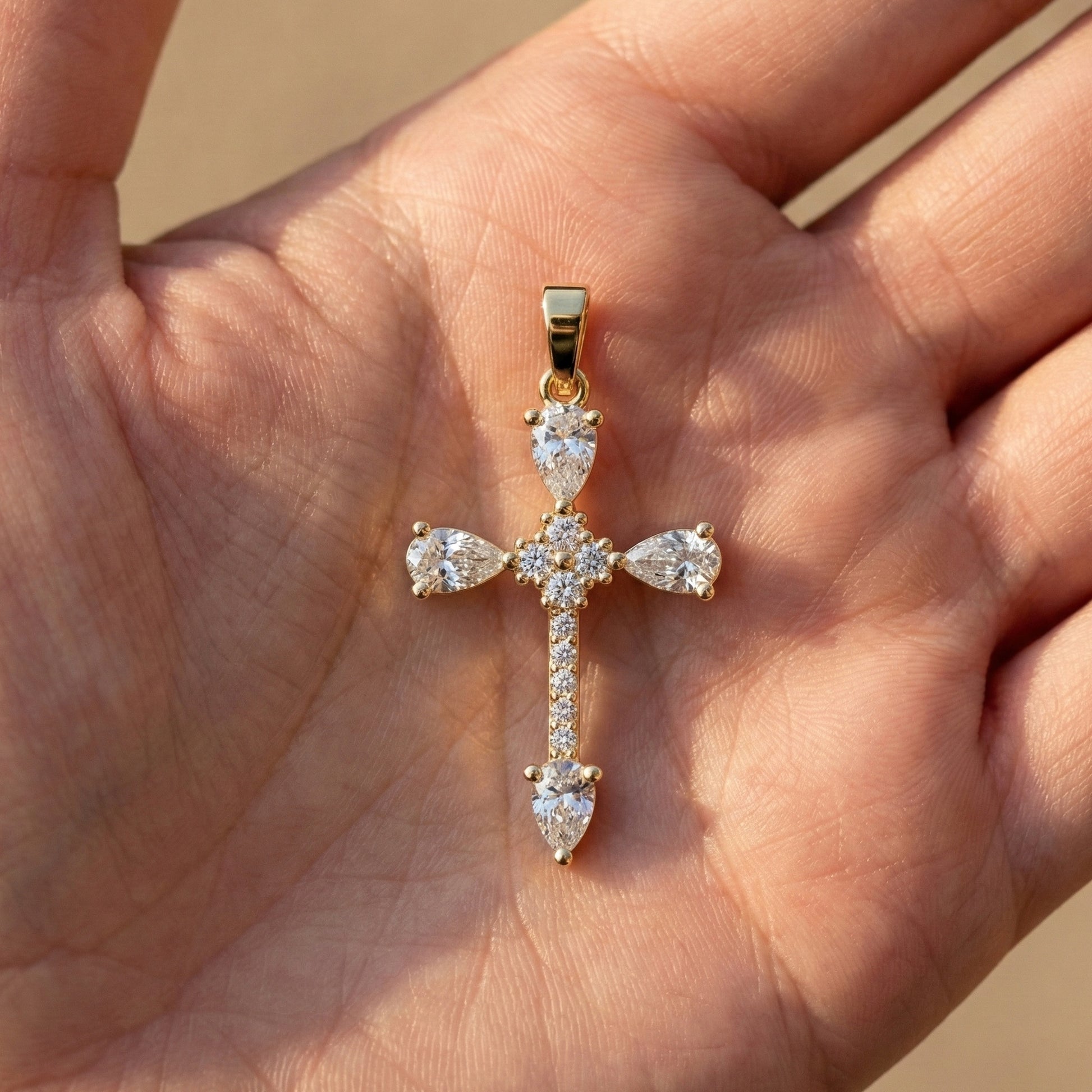 Classic Pear Cluster Cross Pendant in 14k Solid Gold, 0.75 TCW Pear/Round Cut Lab Grown Diamonds, Faith, Bridal Gift