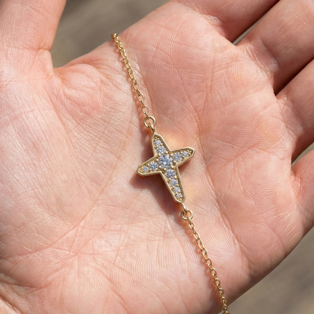 Slim Angular Cross Wedding Chain Bracelet in 14K Solid Gold, 0.12 TCW Round Cut Lab Grown Diamonds, Faith Jewelry, Gift for Her