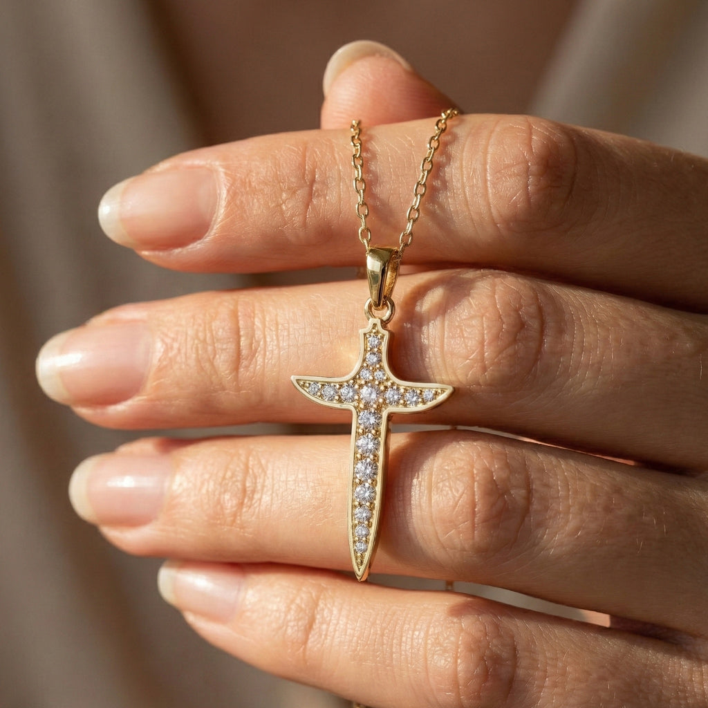 Artistic Arrow Cross Pendant in 14k Solid Gold, 0.47 TCW Round Cut Lab Diamonds, Holiday Gift Jewelry, Gift For Her