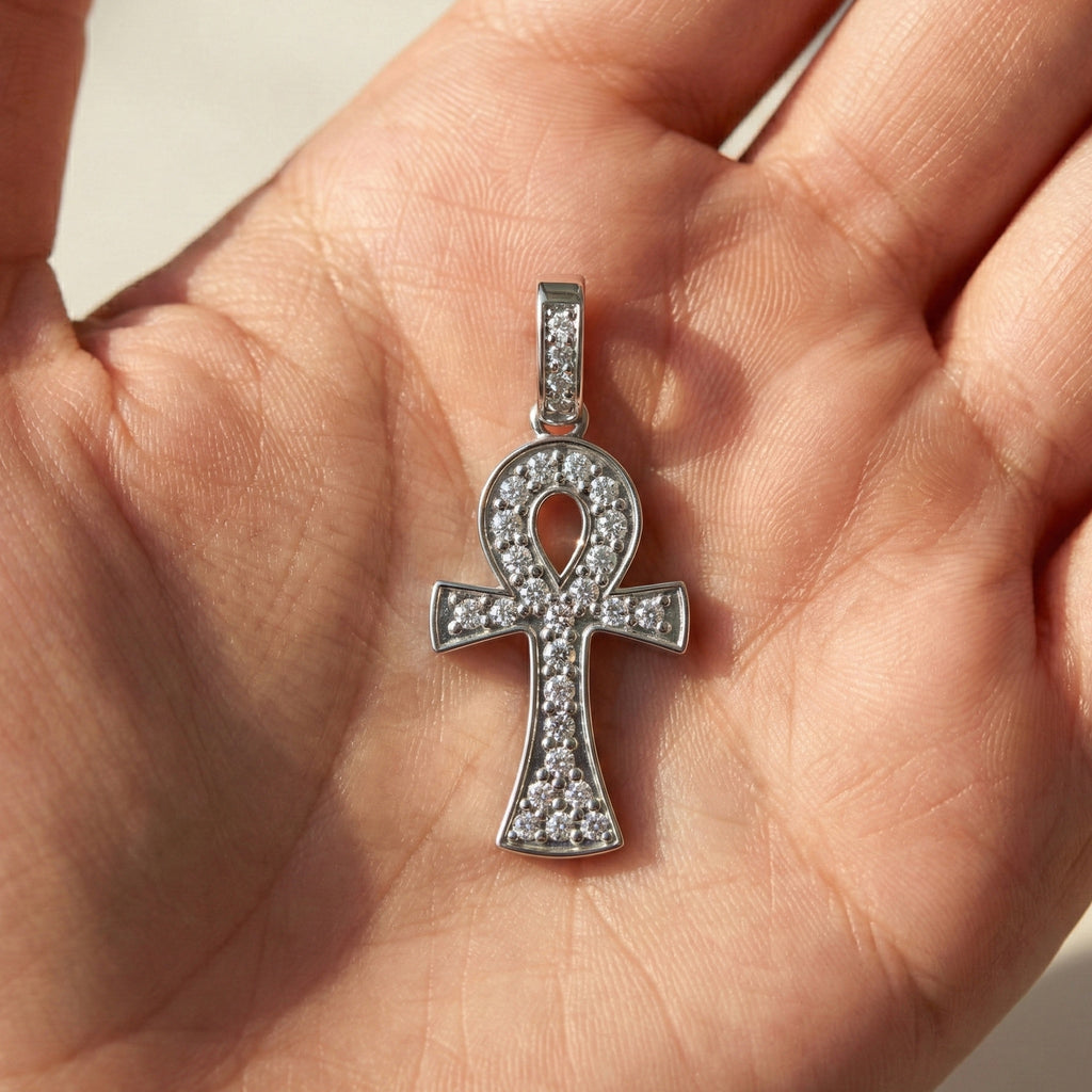 Dainty Pavé Ankh Cross with Diamond Bail Wedding Pendant in Lab Diamond – 14k Yellow Gold, Anniversary Gift for Women, Unique Pendant