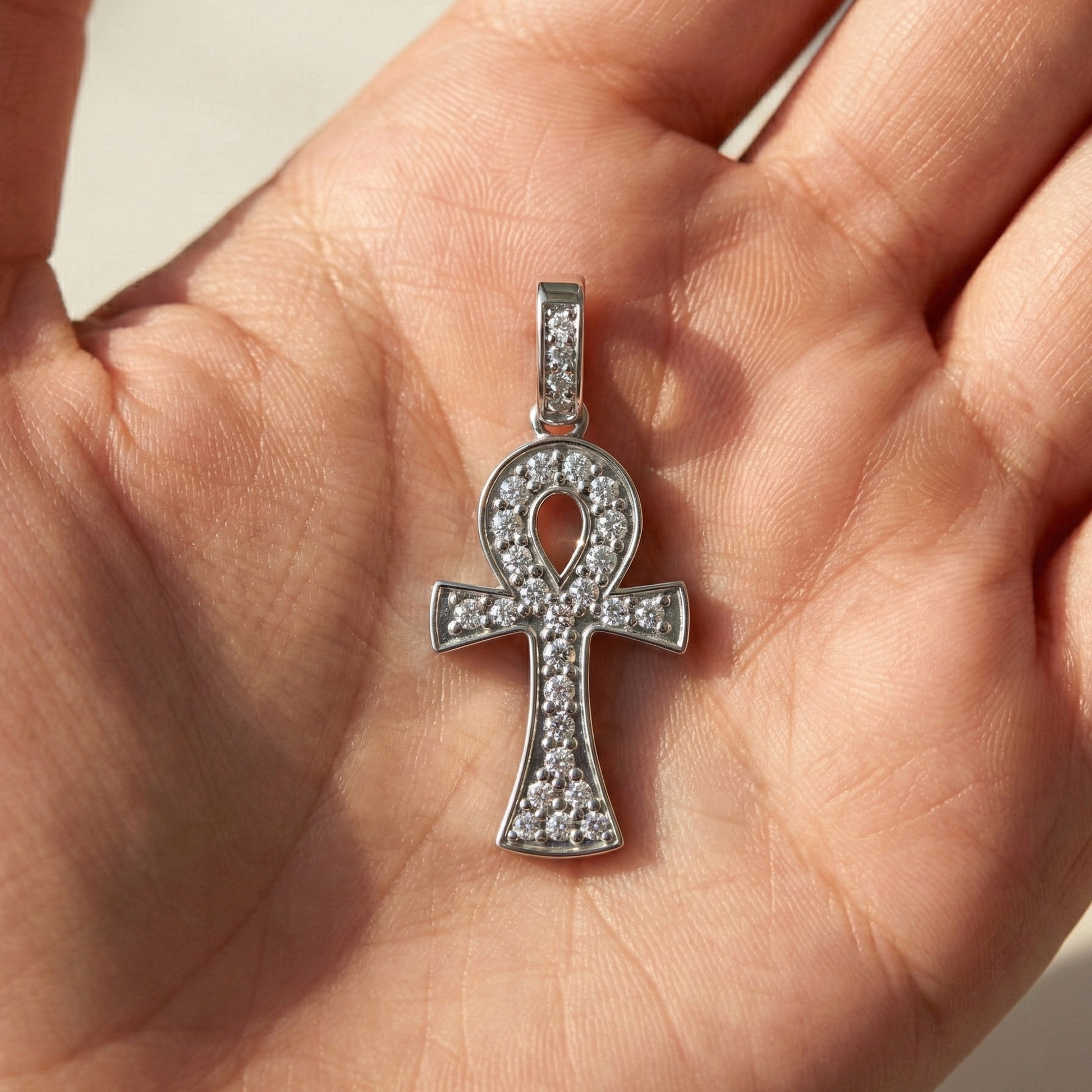 Dainty Pavé Ankh Cross with Diamond Bail Wedding Pendant in Lab Diamond – 14k Yellow Gold, Anniversary Gift for Women, Unique Pendant