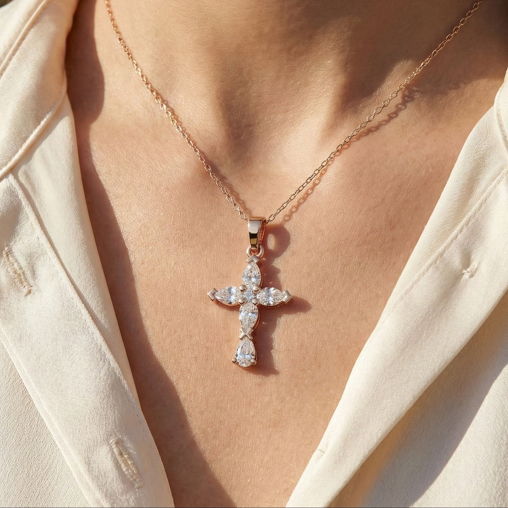 Stylish Pear Cluster Cross Religious Pendant in 14k Solid Gold, 0.93 TCW Pear/Round Cut Lab Grown Diamonds, Bridal Jewelry, Jesus christ Gift For Her