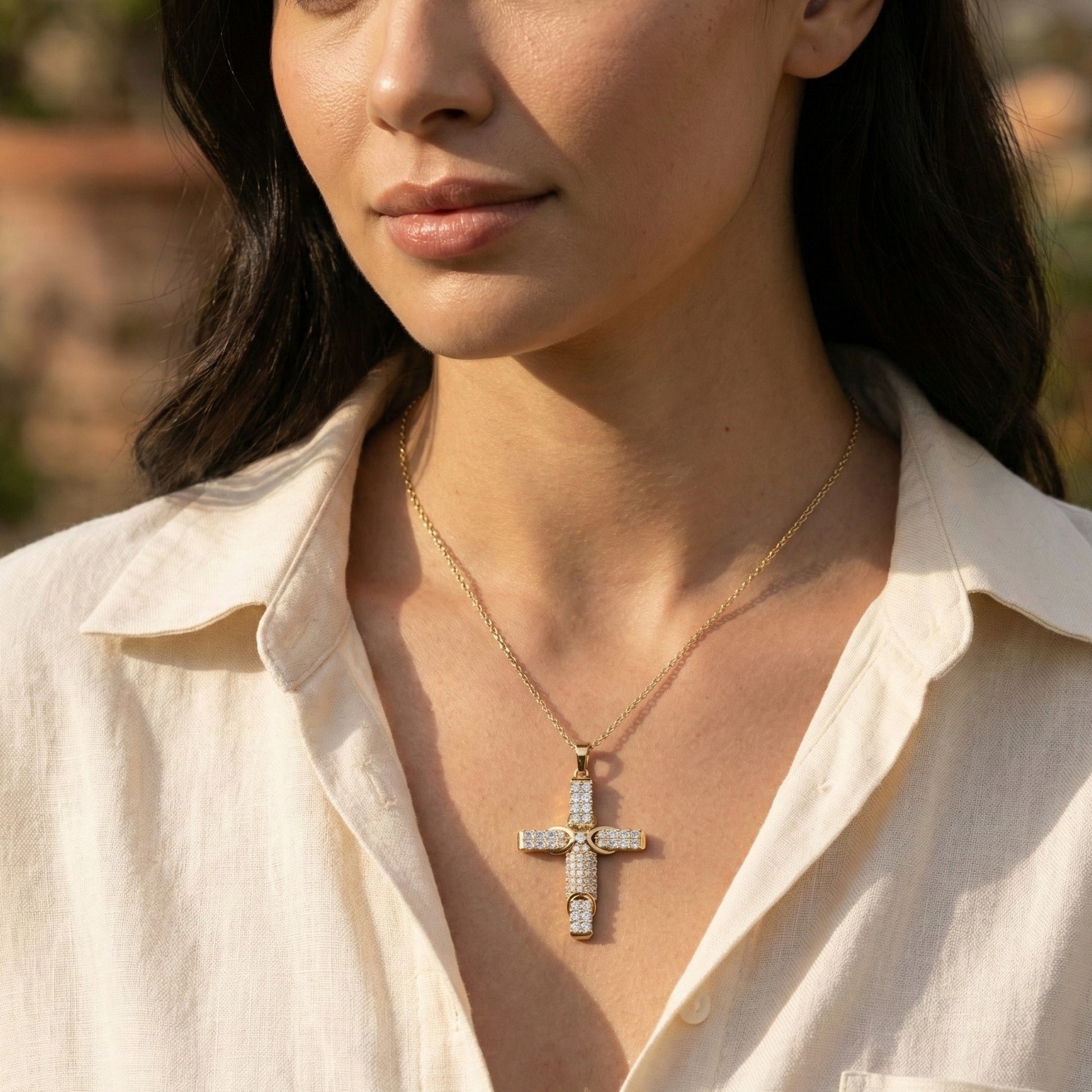 Chic Baguette Pavé Halo Cross Pendant in Solid 14k Gold, 1.27 TCW Princess/Baguette/Round  Cut, Fashion Jewelry Gift