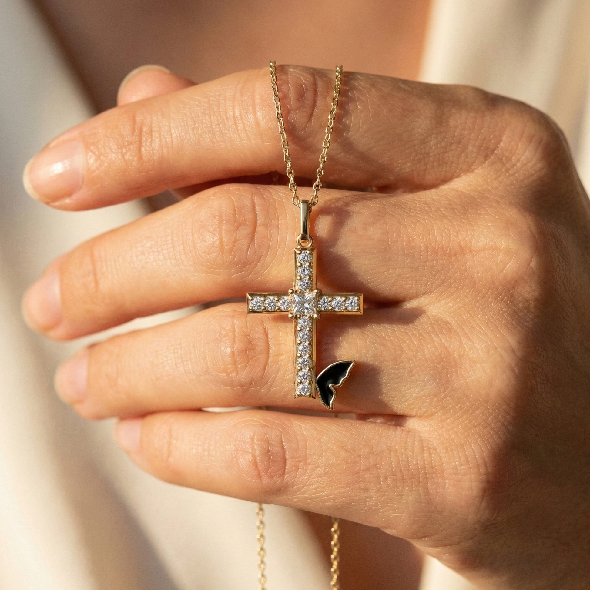 Butterfly Accent Jesus Cross Diamond Pendant in 14K Solid Gold, 0.56 TCW Princess/Round Cut Lab Diamonds, Gift for Her, Religious Jewelry