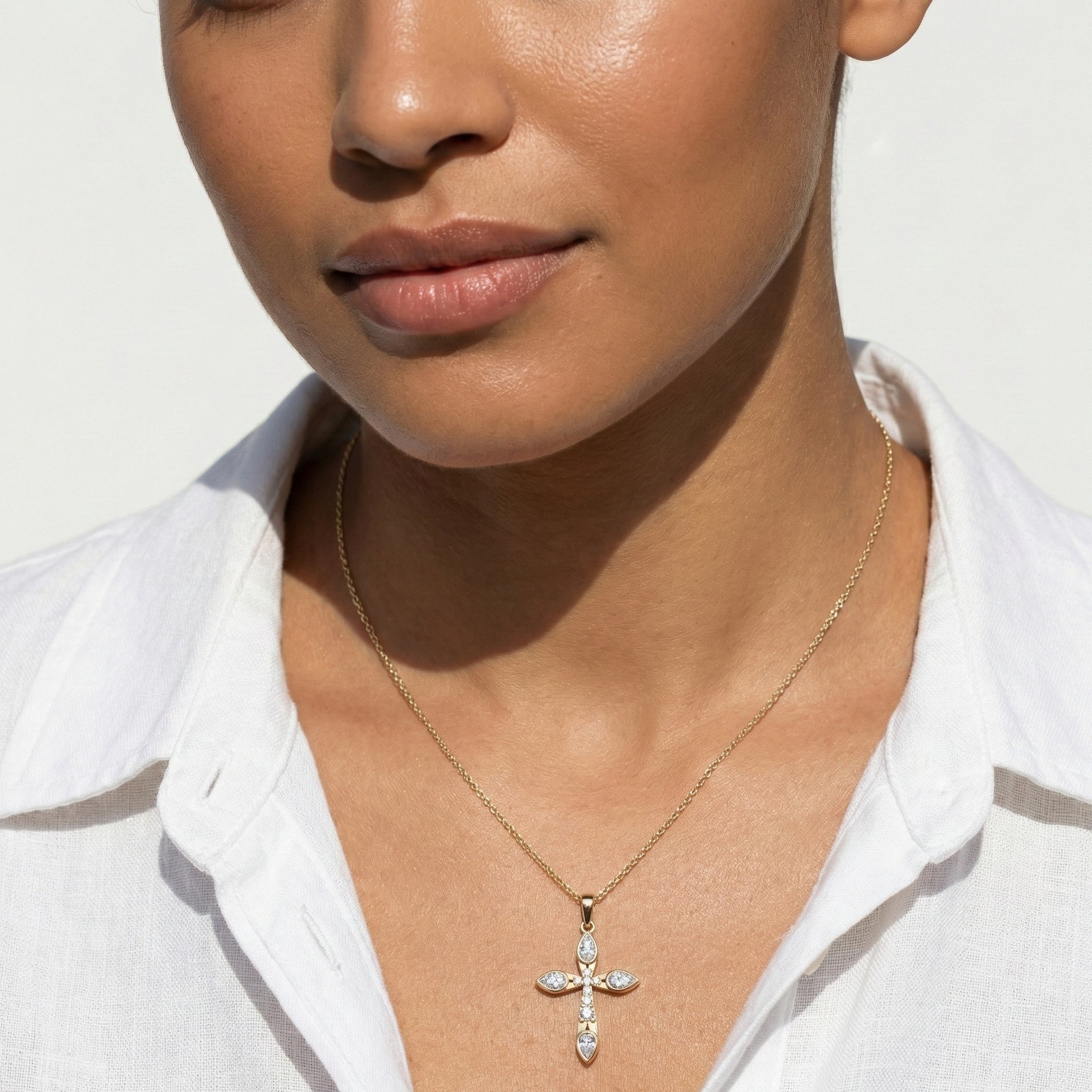 Modern Cluster Cross Pendant in 14k Solid Gold, 0.77 TCW Pear/Round Cut Lab Diamonds, Anniversary Gift,