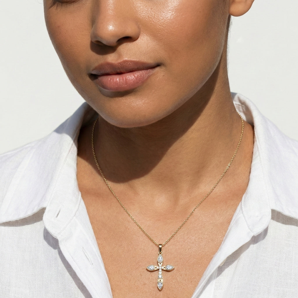 Modern Cluster Cross Pendant in 14k Solid Gold, 0.77 TCW Pear/Round Cut Lab Diamonds, Anniversary Gift,
