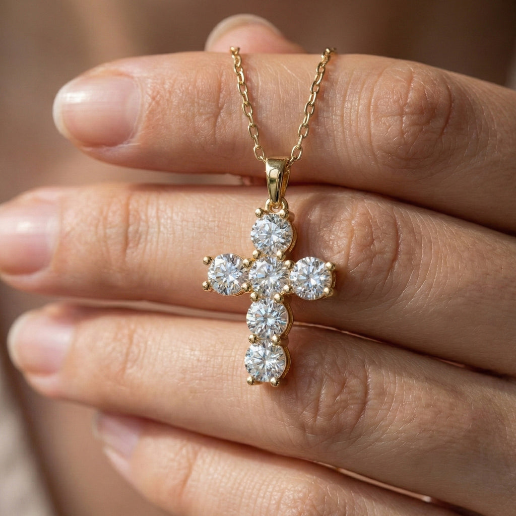 Prong-Set Round Cluster Cross Pendant in 14k Solid Gold, 2.76 TCW Round Cut Lab Created Diamonds, Jesus Pendant For Her, Daily Wear Pendant