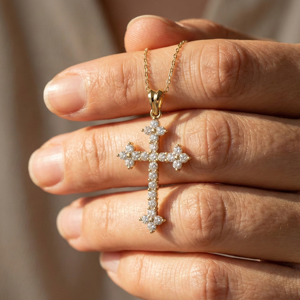 Fleur-de-Lis Tip Pavé Cross Religious Pendant in Lab Diamond 14k Solid Gold, Religious Jewelry, Wedding Gift for Her/Him