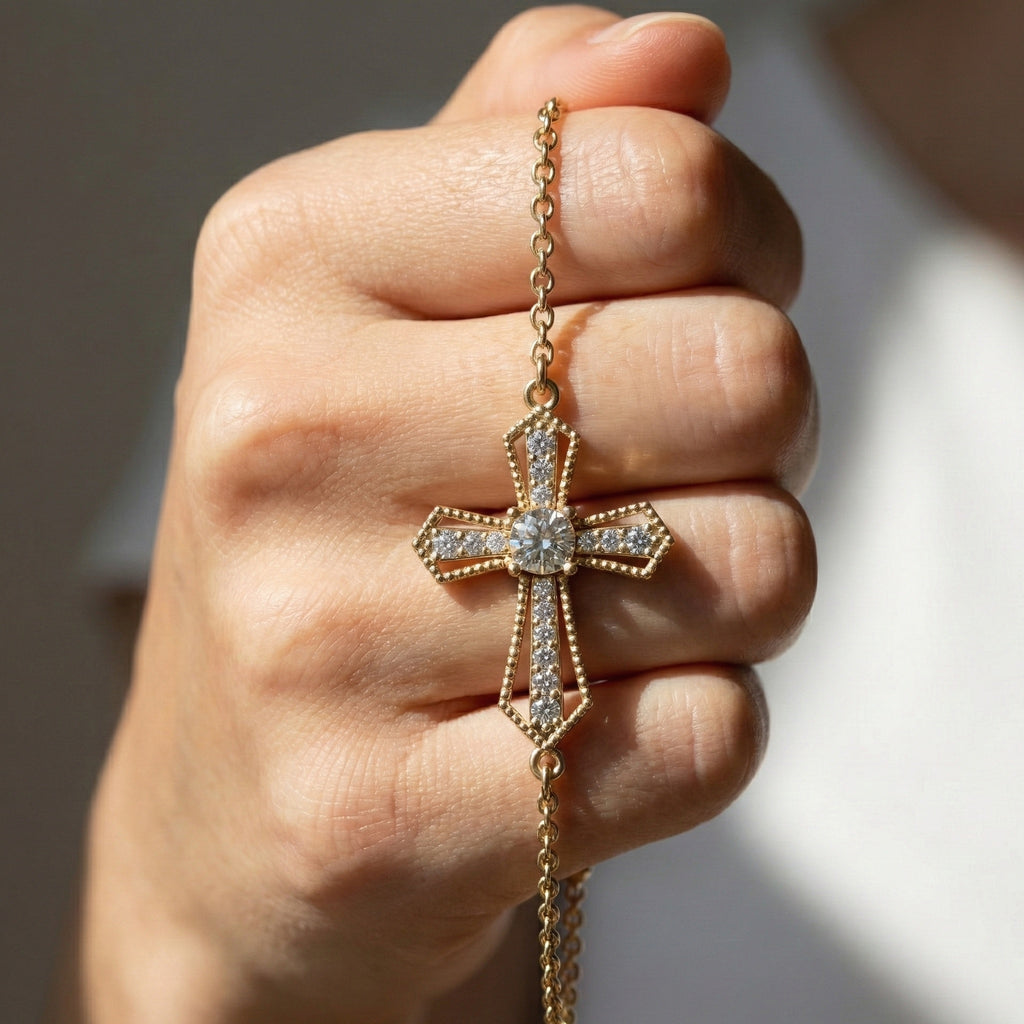 Deco Inspired Cross Bar Chain Bracelet in 14K Solid Gold, 0.40 CT Cushion Cut Lab Created Diamond, Everyday Bracelet, Religious Gift For Wife