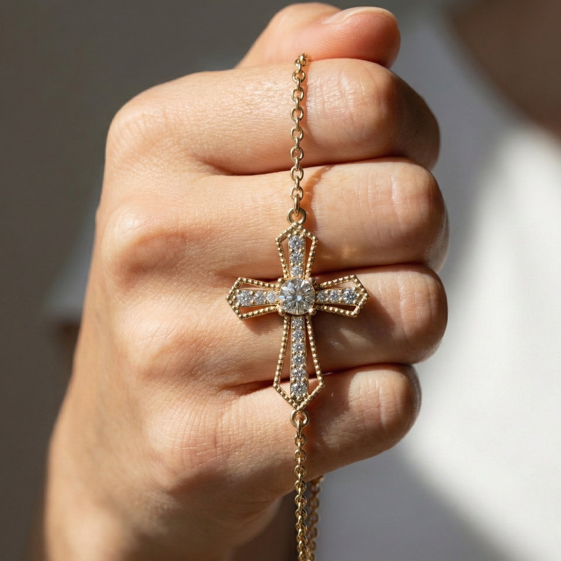 Deco Inspired Cross Bar Chain Bracelet in 14K Solid Gold, 0.40 CT Cushion Cut Lab Created Diamond, Everyday Bracelet, Religious Gift For Wife