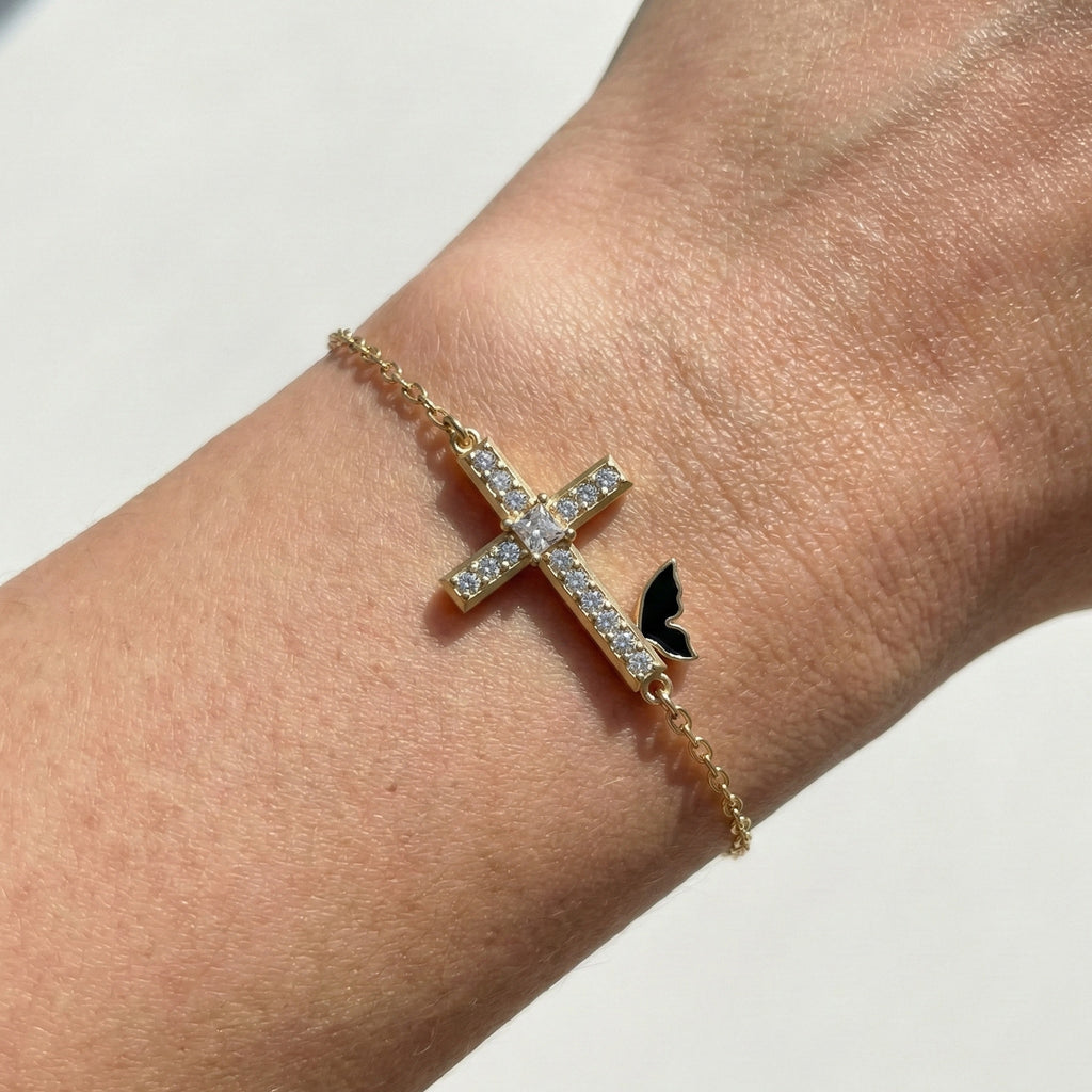 Butterfly Cross Station Bracelet in 14K Solid Gold, 0.18 CT Princess Cut Lab Created Diamond, Dainty Bracelet, Gift for Her