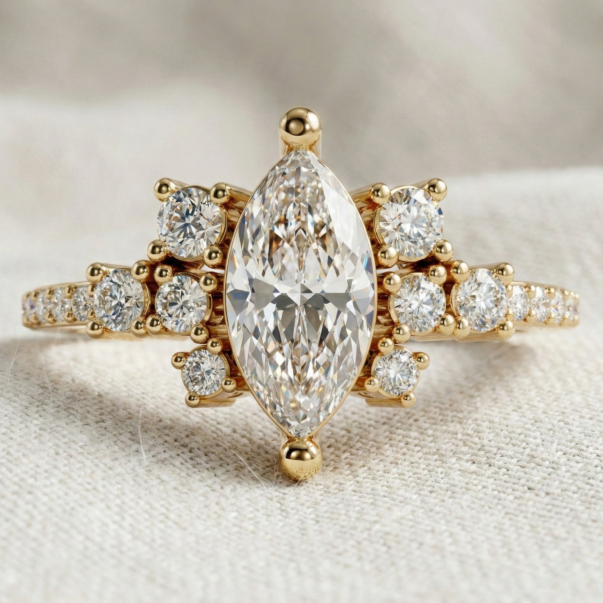 Marquise Cluster Halo Pave Engagement Ring in 14K Yellow Gold, 0.74 TCW Marquise/Round Cut Lab Created Diamonds, Handmade Jewelry, Anniversary Gift