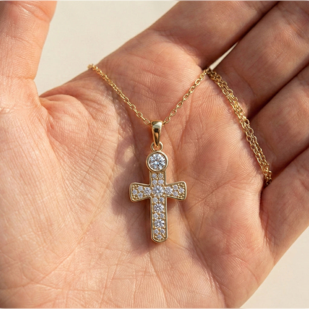 Minimalist Pavé Cross Pendant in 14K Solid Gold, 0.66 TCW Round Cut Lab Created Diamonds, Religious Gift for Her, Bridal Charm