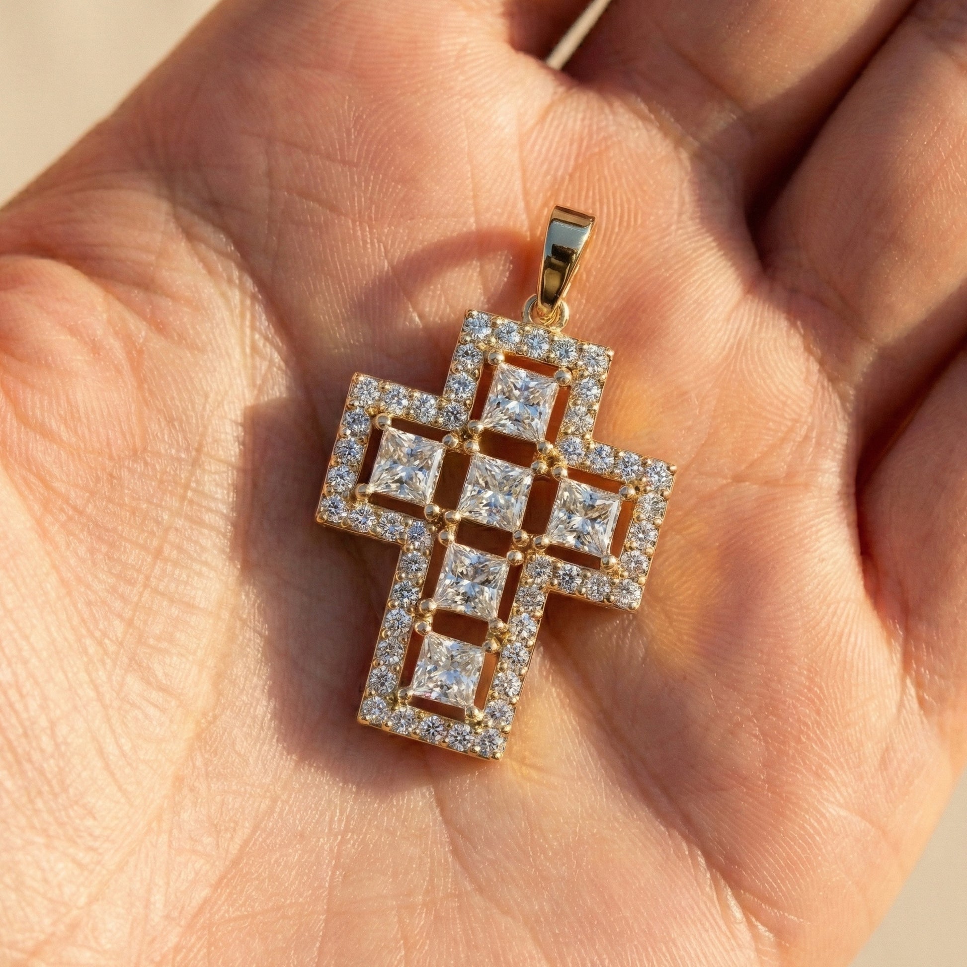 Elegant Halo Open Cross Pendant in 14k Solid Gold 2.14 TCW Round/Princess Cut Lab Diamonds, Unique Gift for Her, Religious Jewelry