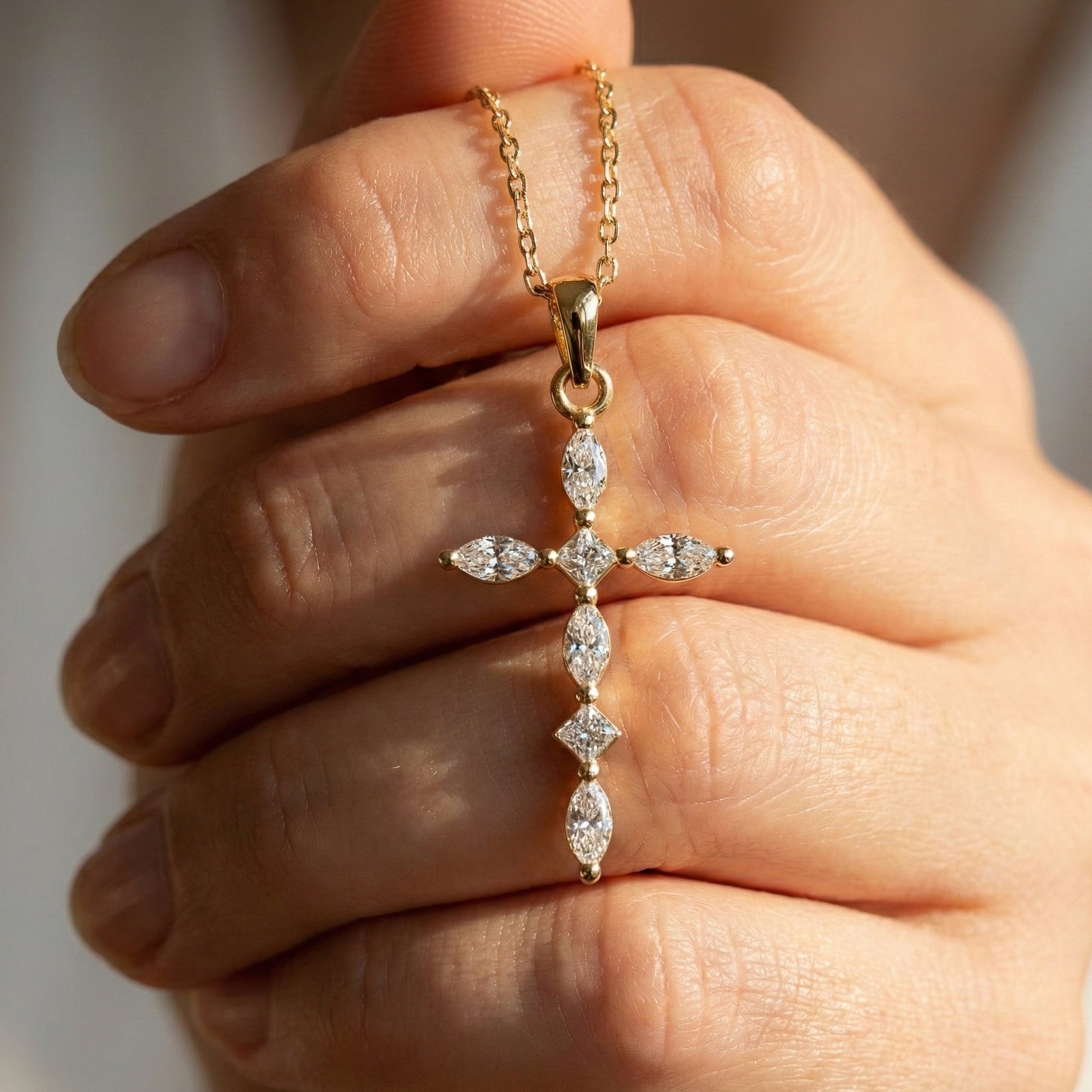 Layered Marquise Cross Pendant in 14k Solid Gold, 0.30 TCW Marquise/Princess Cut Lab Created Diamonds, Baptism Gift