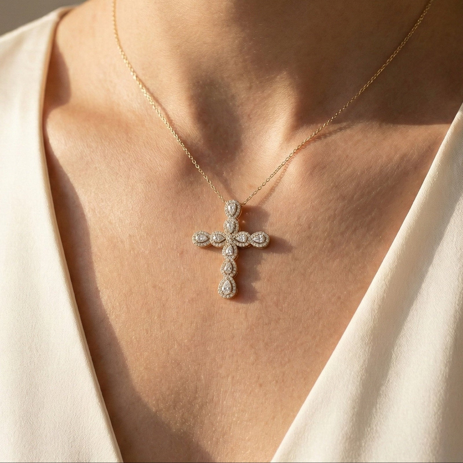 Pear & Round Halo Cluster Cross Charm Pendant Necklace in Lab Diamond – 14k Solid Gold, Everyday Jewelry For Women, Handmade Jewelry, Gift for Her