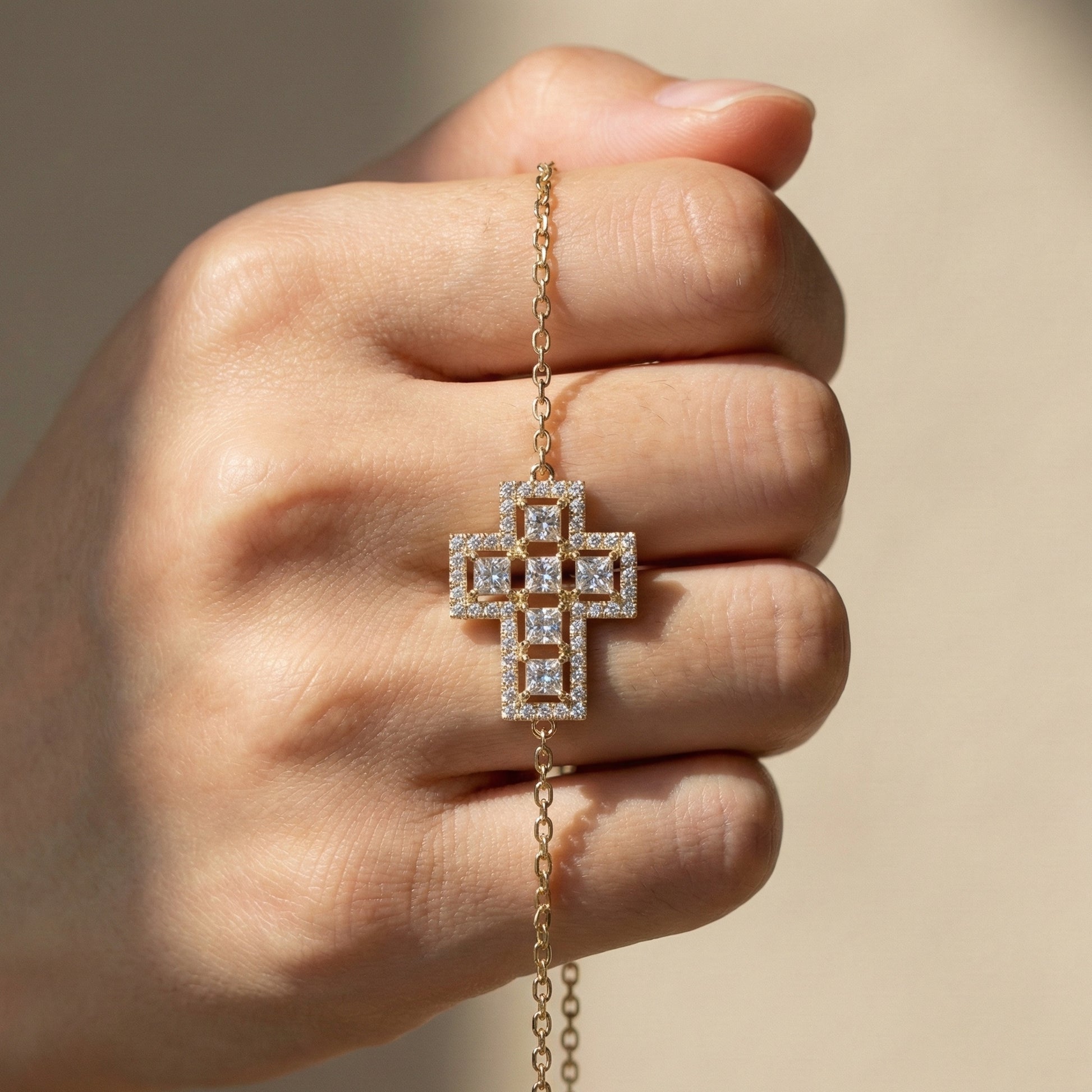 Jesus Cross Pavé Cluster Cross Chain Bracelet in 14k Solid Gold, 2.14 TCW Princess/Round Cut Lab Diamonds, Faith Gift for Her, Handmade Jewelry