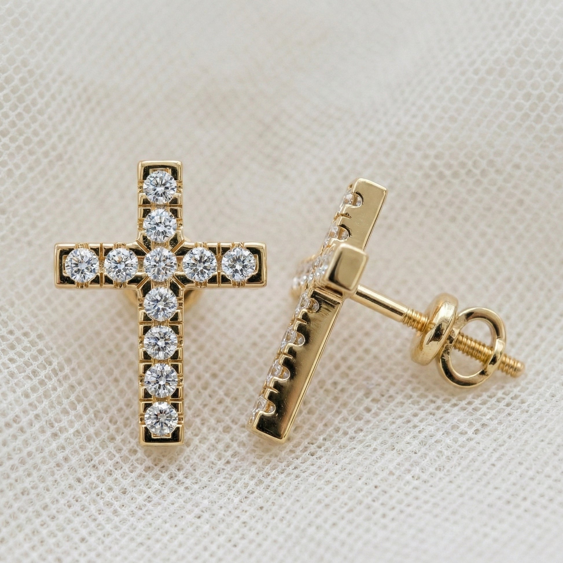 Modern Jesus Cross Wedding Stud Earrings in 14K Yellow Gold, Classic Religious Jewelry, Perfect Gift for Wife, Everyday Stud Earrings