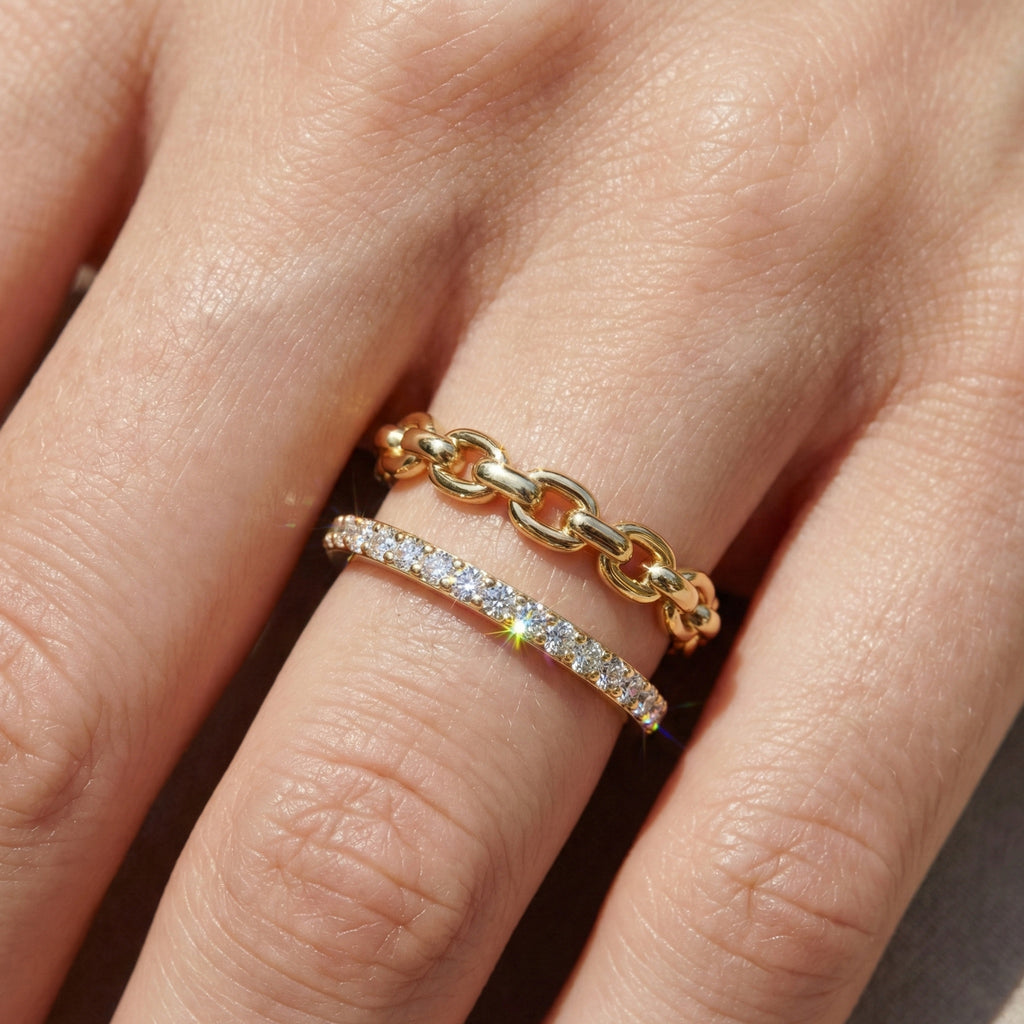 Unique Contemporary Chain Link Pavé Wedding Band in Lab Diamond-14k Solid Gold, Anniversary Gift For Women, Everyday Gift