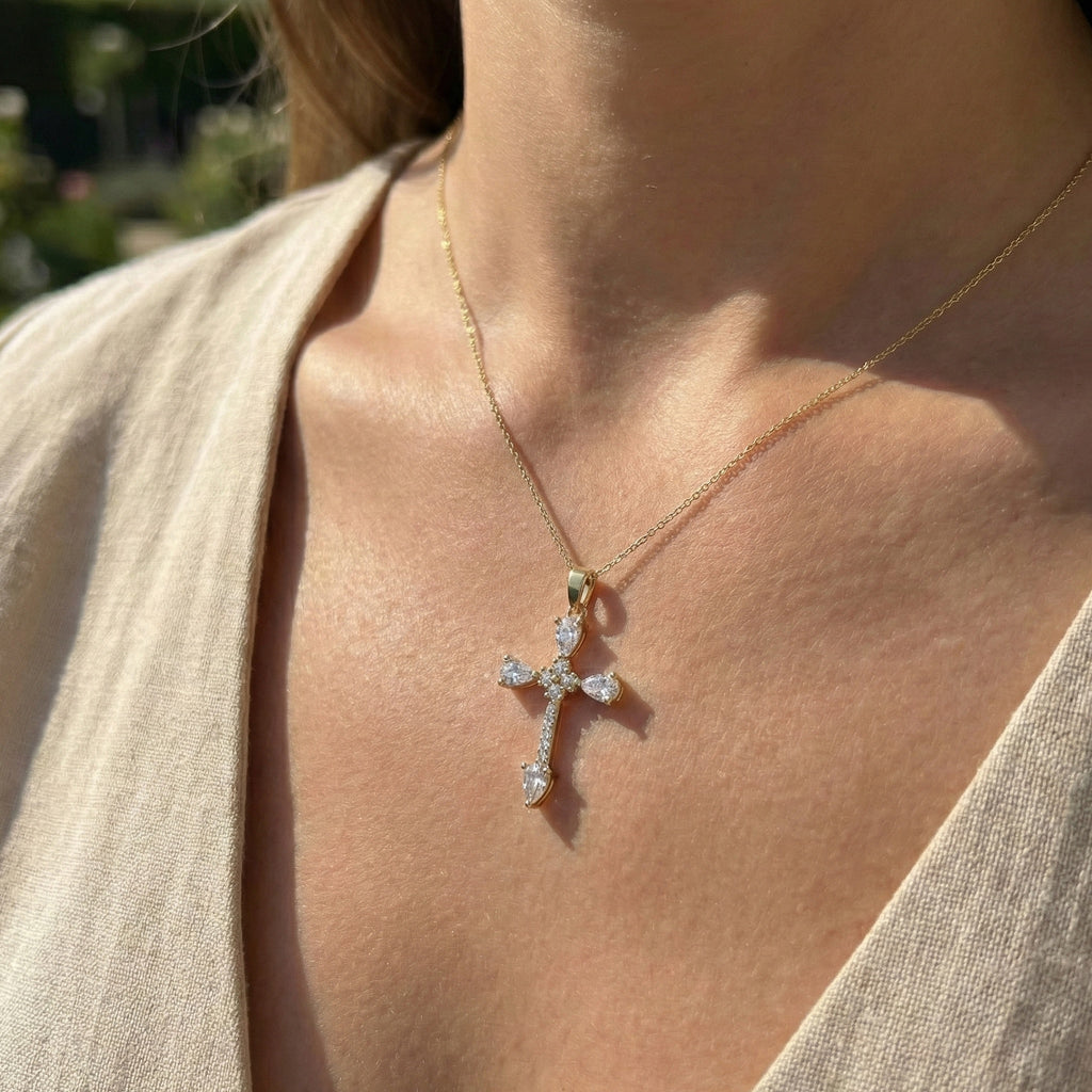 Classic Pear Cluster Cross Pendant in 14k Solid Gold, 0.75 TCW Pear/Round Cut Lab Grown Diamonds, Faith, Bridal Gift
