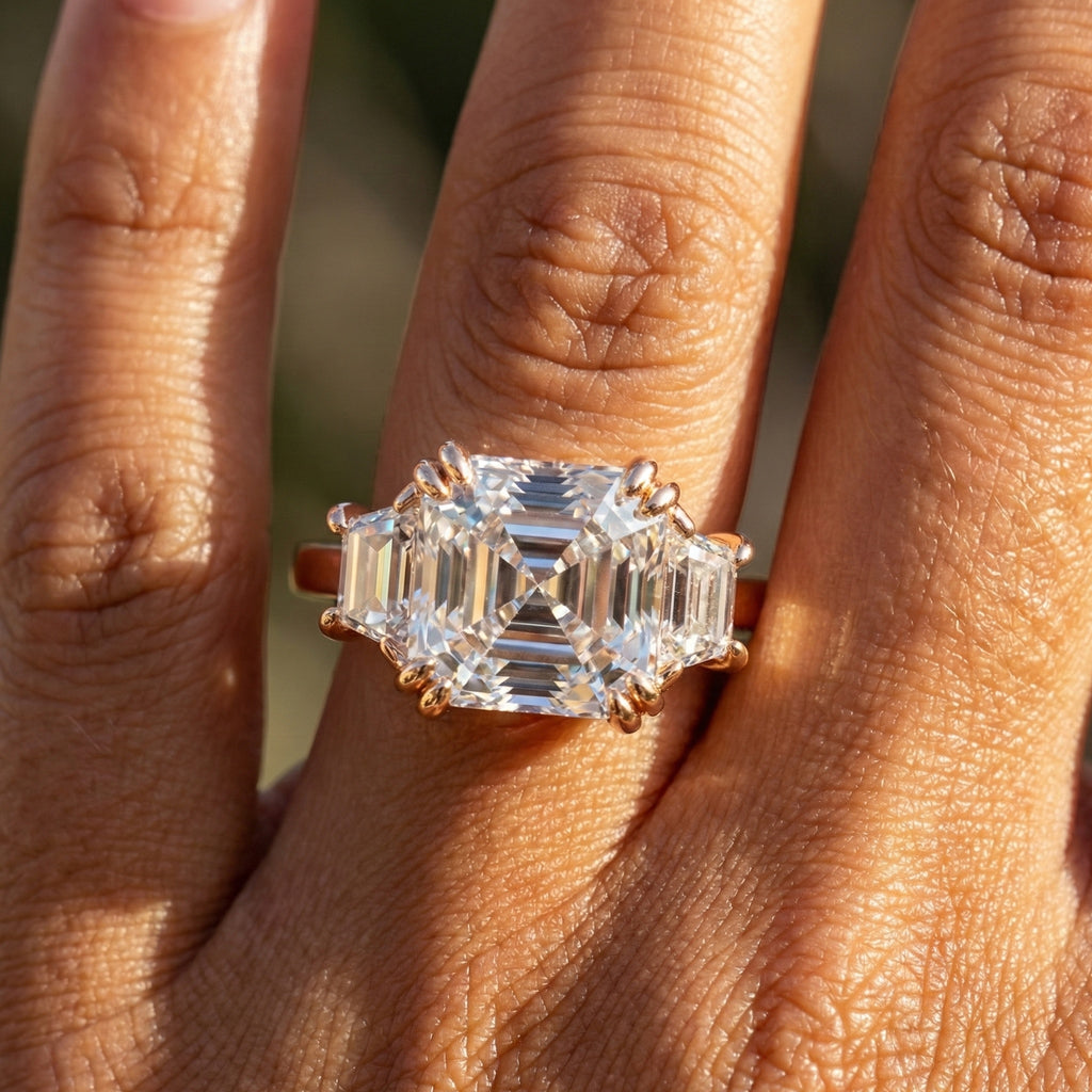 Asscher Cut Three Stone Engagement Ring with Tapered Side Stones in Moissanite or Lab Grown Diamond – Solid 14k/18k Gold or Silver Engagement Gift, Handmade Jewelry