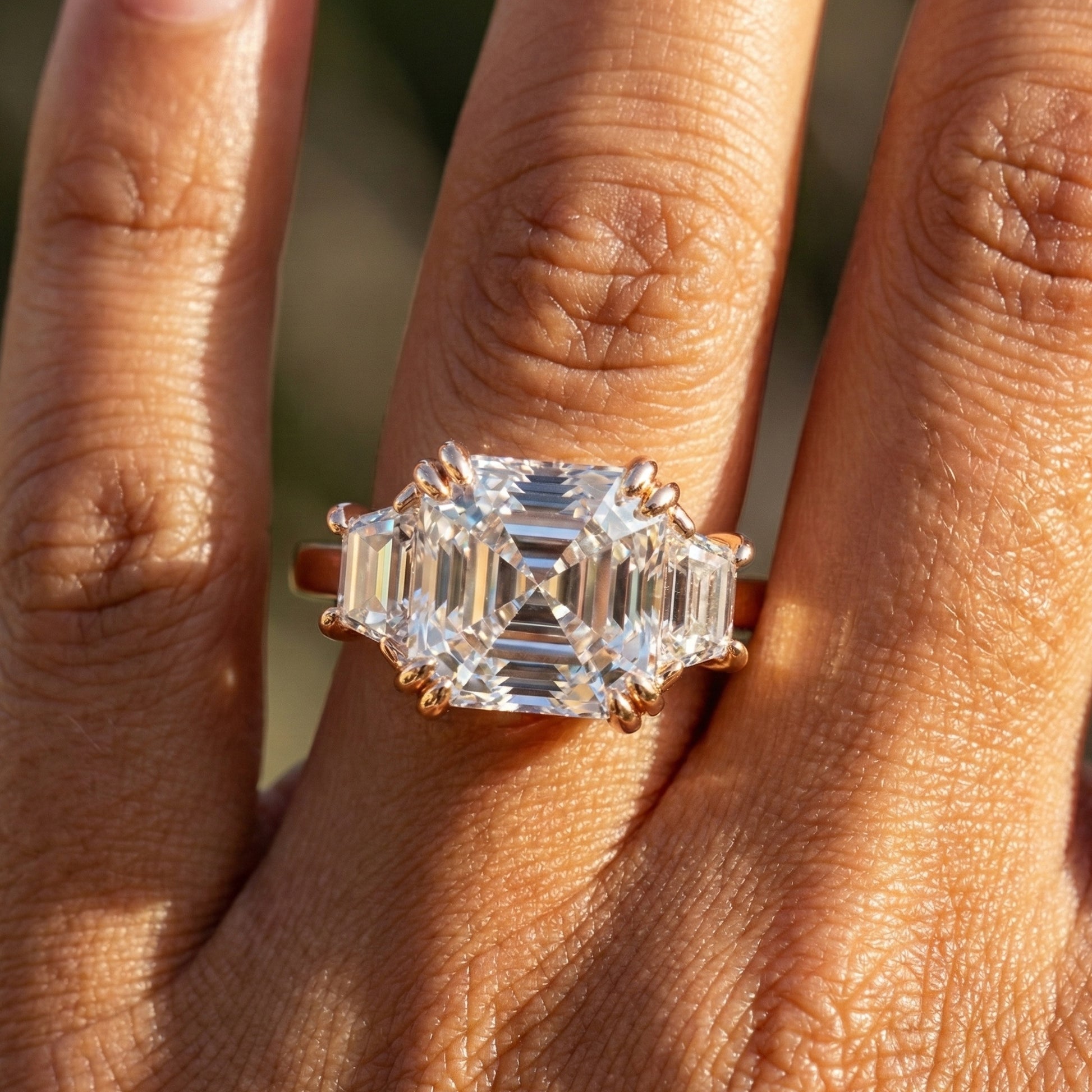 Asscher Cut Three Stone Engagement Ring with Tapered Side Stones in Moissanite or Lab Grown Diamond – Solid 14k/18k Gold or Silver Engagement Gift, Handmade Jewelry