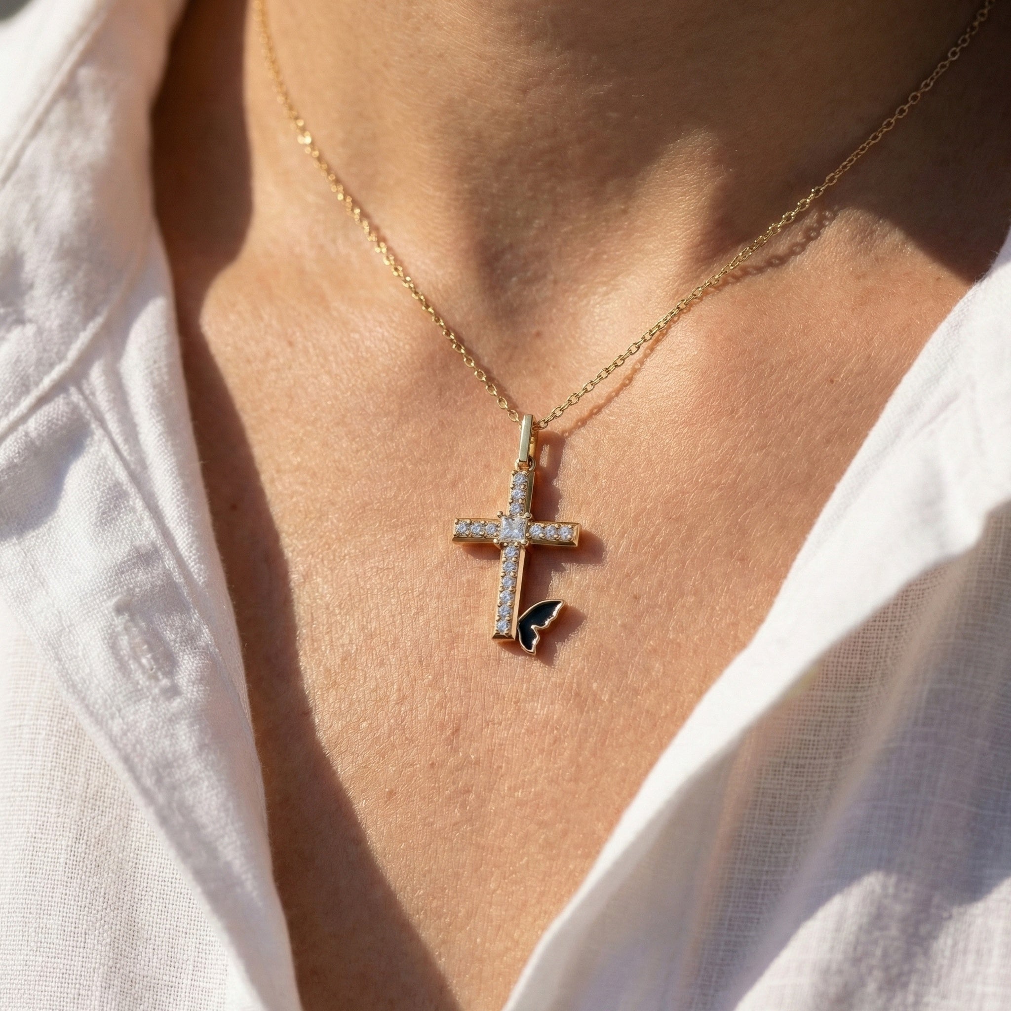 Butterfly Accent Jesus Cross Diamond Pendant in 14K Solid Gold, 0.56 TCW Princess/Round Cut Lab Diamonds, Gift for Her, Religious Jewelry