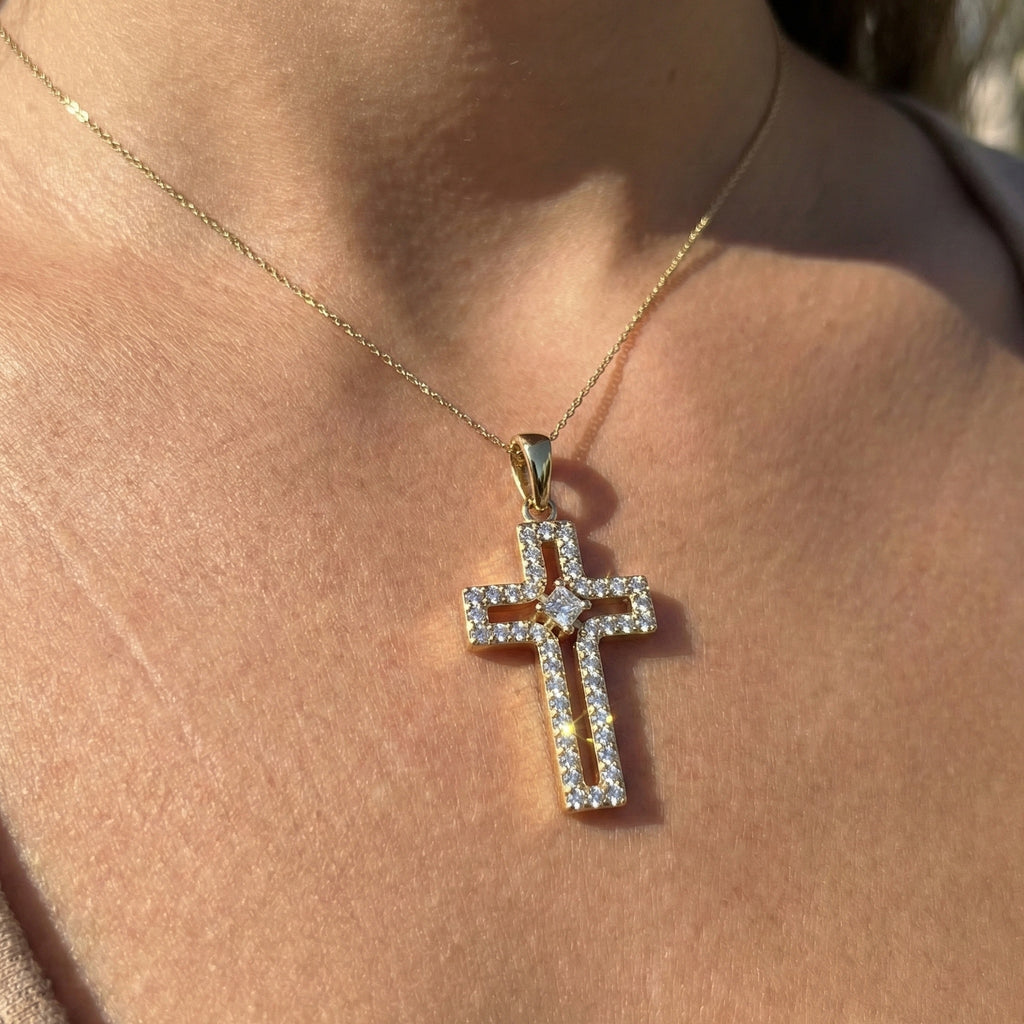 Minimalist Pavé Princess Cross Pendant in 14K Solid Gold, 0.52 TCW Princess/Round Cut Lab Created Diamonds, Bridal Jewelry, Gift for Mom