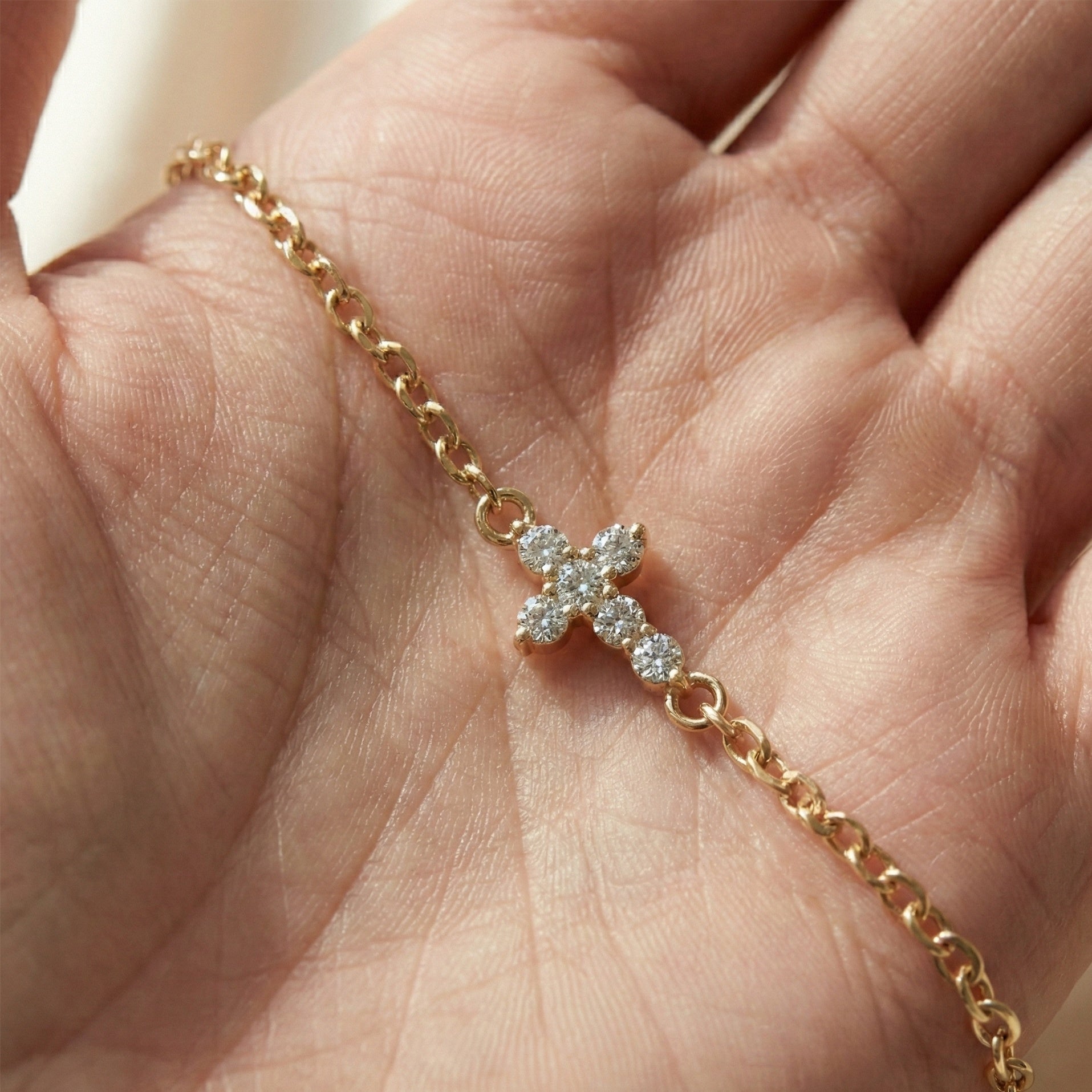 Everyday Jesus Cross Link Bracelet in 14K Solid Gold, 0.21 TCW Round Cut Lab Grown diamonds, Women's Minimal Jewelry, Gift for Her