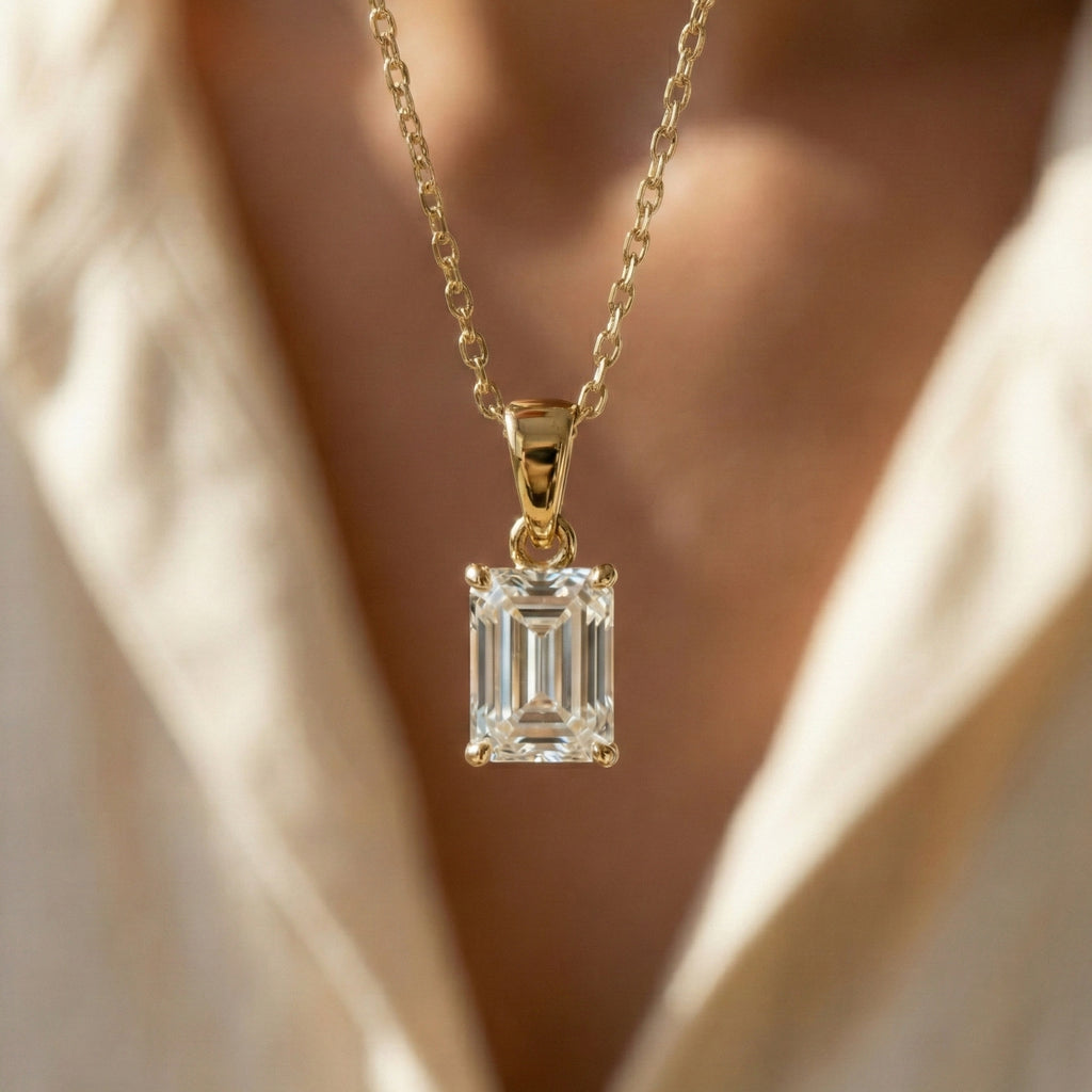 14K Rose Gold Solitaire Wedding Pendant, 1.75 CT Emerald Cut Lab Grown Diamond Solitaire Pendant, Wedding Gift for Her, Handmade Jewelry