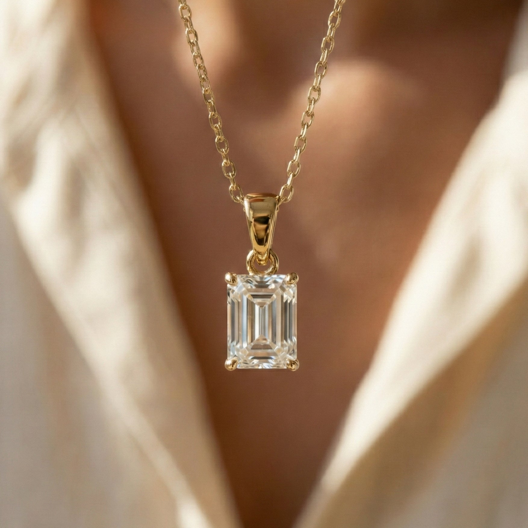 14K Rose Gold Solitaire Wedding Pendant, 1.75 CT Emerald Cut Lab Grown Diamond Solitaire Pendant, Wedding Gift for Her, Handmade Jewelry