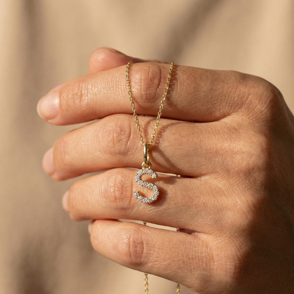 Minimal Pavé 'S' Initial Alphabet Pendant in Lab Diamond or Moissanite – 14K Solid Gold, Modern Letter Pendant, Birthday Gift for Her, Daily Wear Jewelry