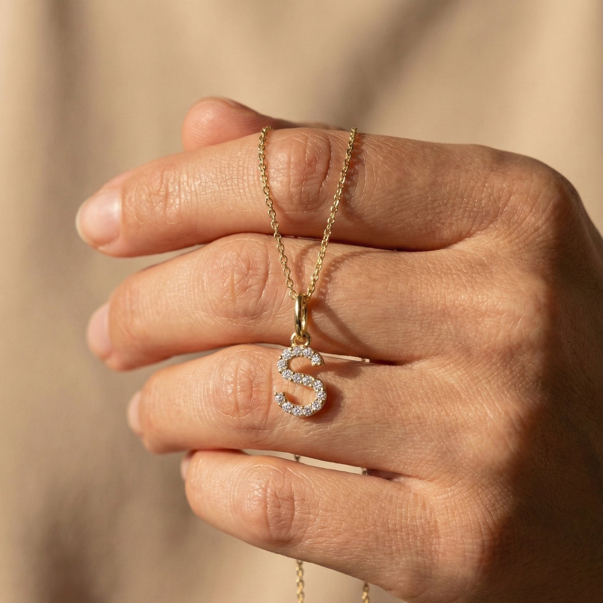 Minimal Pavé 'S' Initial Alphabet Pendant in Lab Diamond or Moissanite – 14K Solid Gold, Modern Letter Pendant, Birthday Gift for Her, Daily Wear Jewelry