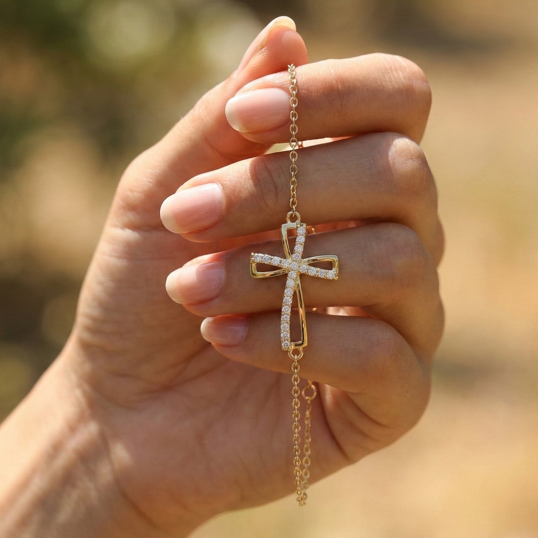 Asymmetrical Cross Charm Bracelet in 14K Solid Gold, 0.22 TCW Round Cut Lab Created Diamonds, Religious Jewelry, Birthday Gift for Her