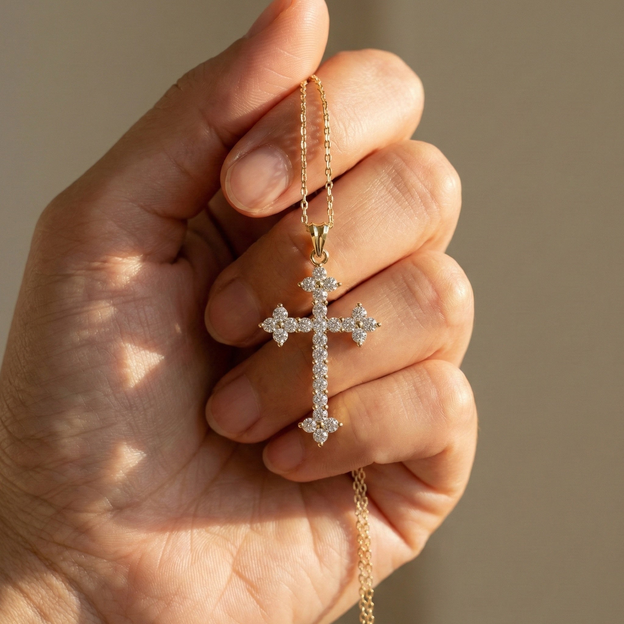 Fleur-de-Lis Tip Pavé Cross Religious Pendant in Lab Diamond 14k Solid Gold, Religious Jewelry, Wedding Gift for Her/Him