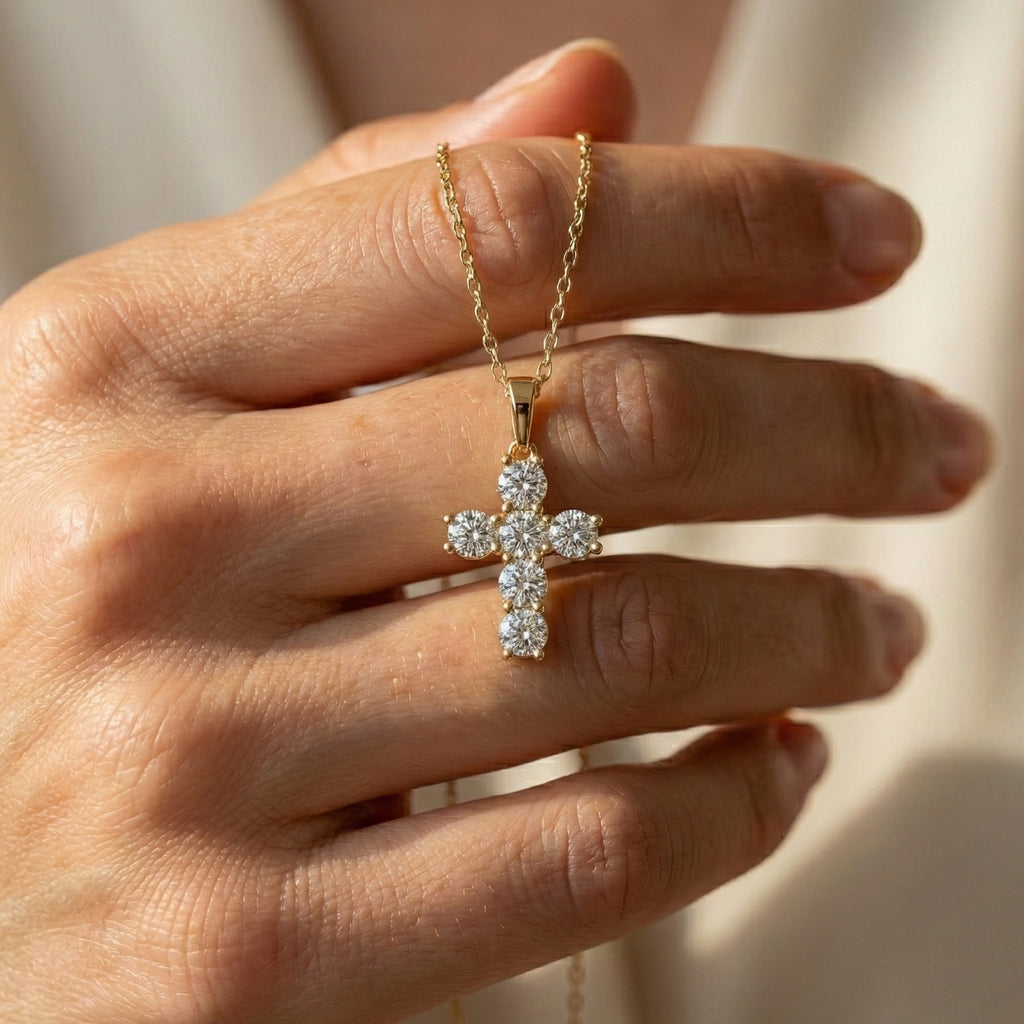 Prong-Set Round Cluster Cross Pendant in 14k Solid Gold, 2.76 TCW Round Cut Lab Created Diamonds, Jesus Pendant For Her, Daily Wear Pendant