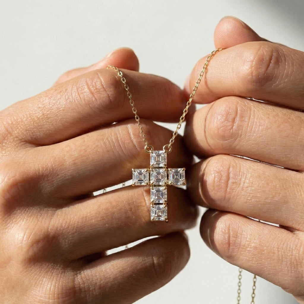 Elegant Square Style Cross Pendant in 14k Solid Gold, 4.50 TCW Asscher Cut Lab Grown Diamonds, Wedding Gift for Her, Religious Jewelry